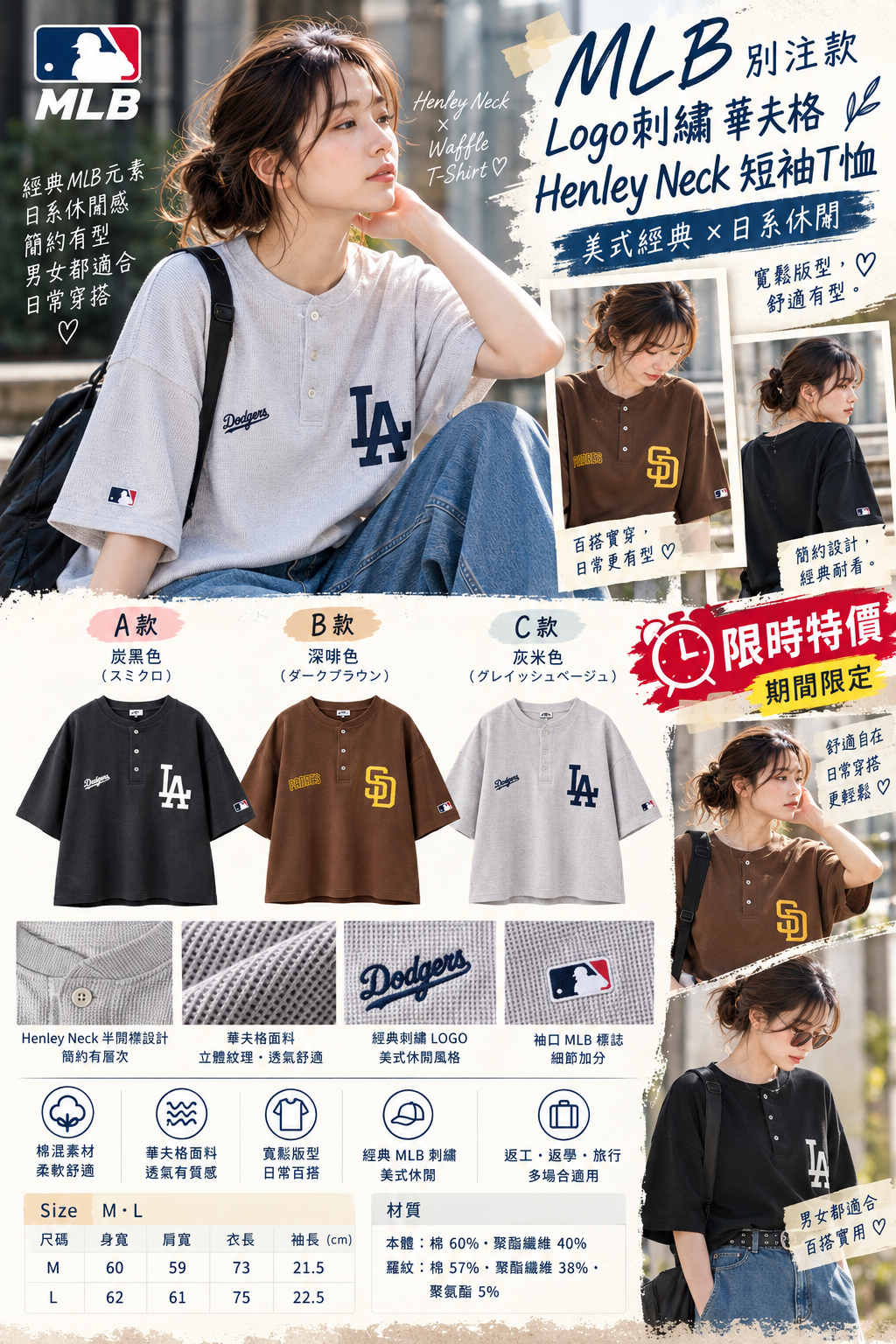 【預購】J092501 MLB  別注款 Logo刺繡 華夫格 Henley Neck 短袖T恤  3款