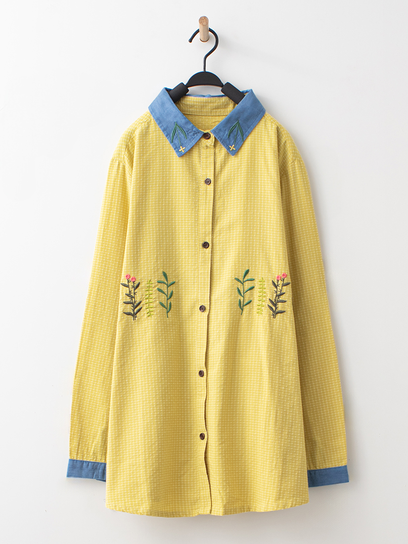 日系小花刺繡拼接格紋提織襯衫
