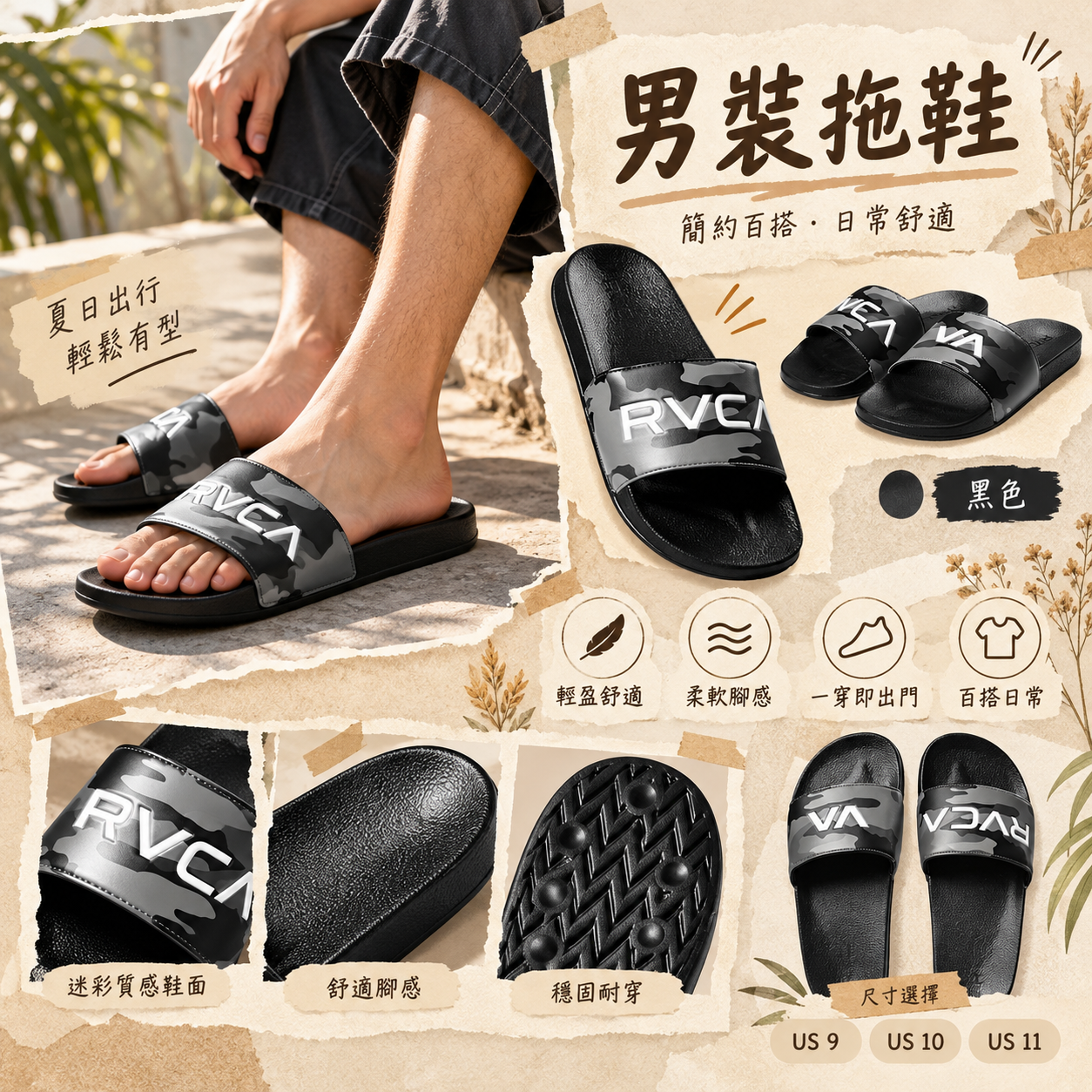 【預購】RVCA N092555 男裝拖鞋 (黑色)