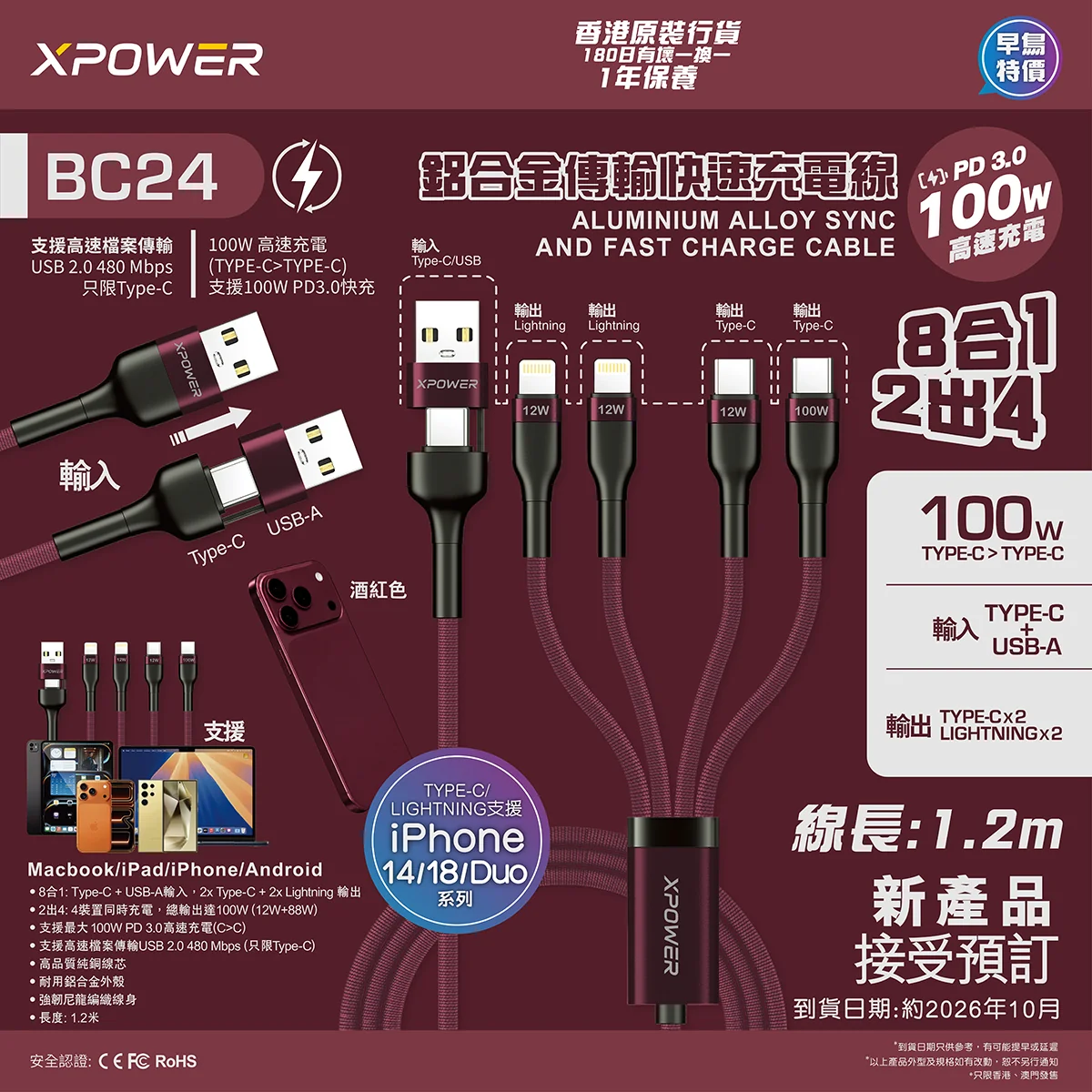 (早買限定優惠)(追加新色)XPower BC24 8合1 2出4 100W PD3.0 鋁合金傳輸快速充電線 (1.2米)(酒紅色)