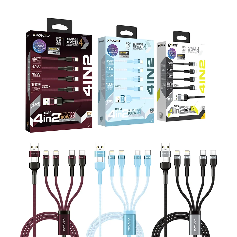 (早買限定優惠) (追加新色)XPower BC24 8合1 2出4 100W PD3.0 鋁合金傳輸快速充電線 (1.2米)(冰川藍)