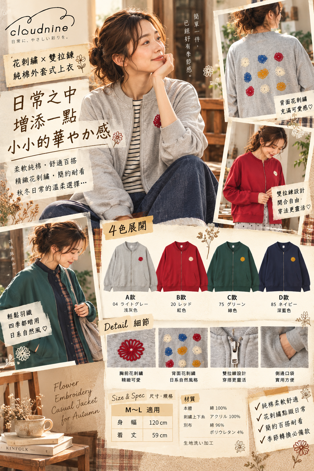 【預購】J092507 cloudnine 花刺繡 × 雙拉鏈純棉外套式上衣