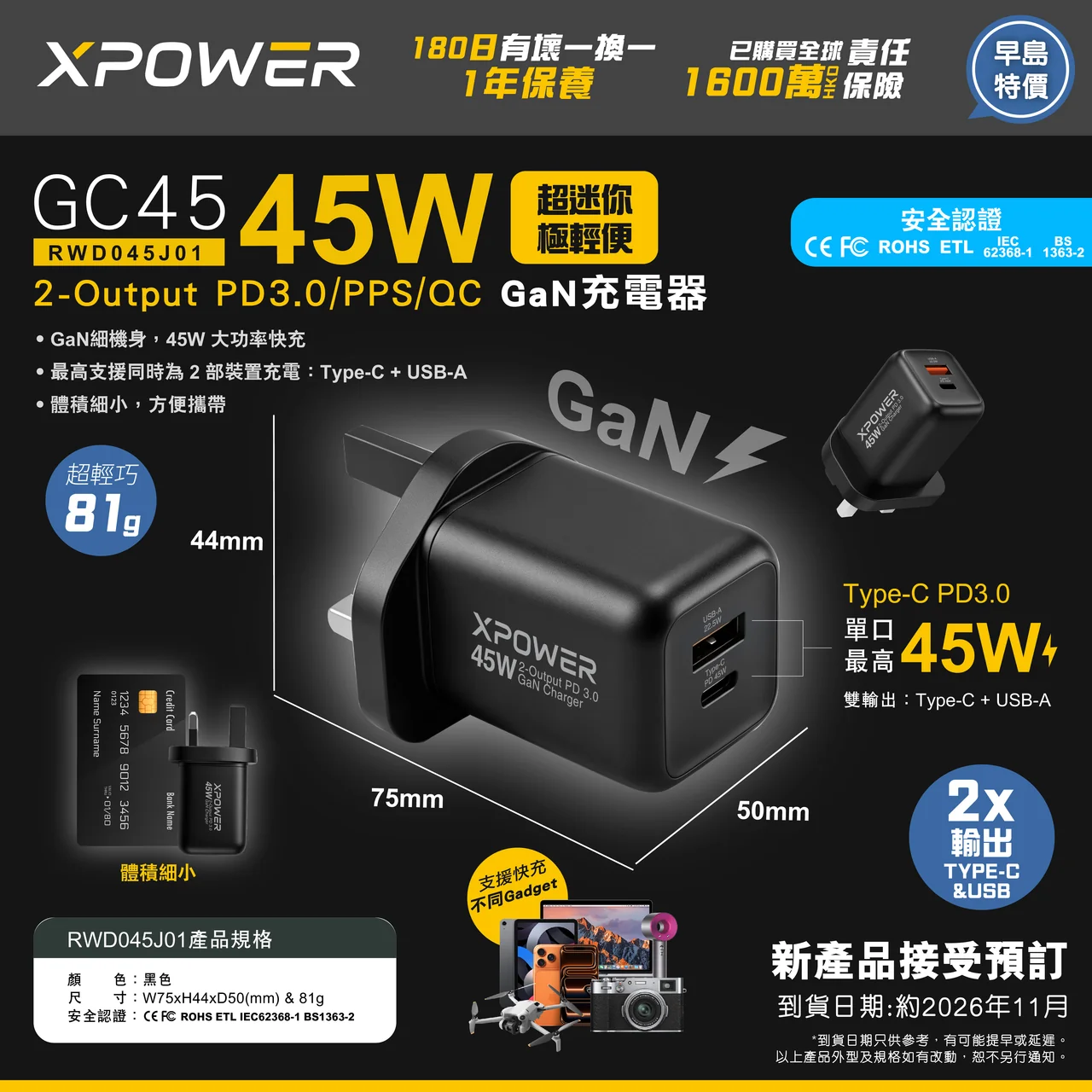 (早買限定優惠)XPower GC45 2 輸出 45W PD3.0/PPS/QC 迷你快充 GaN 充電器 RWD045J01