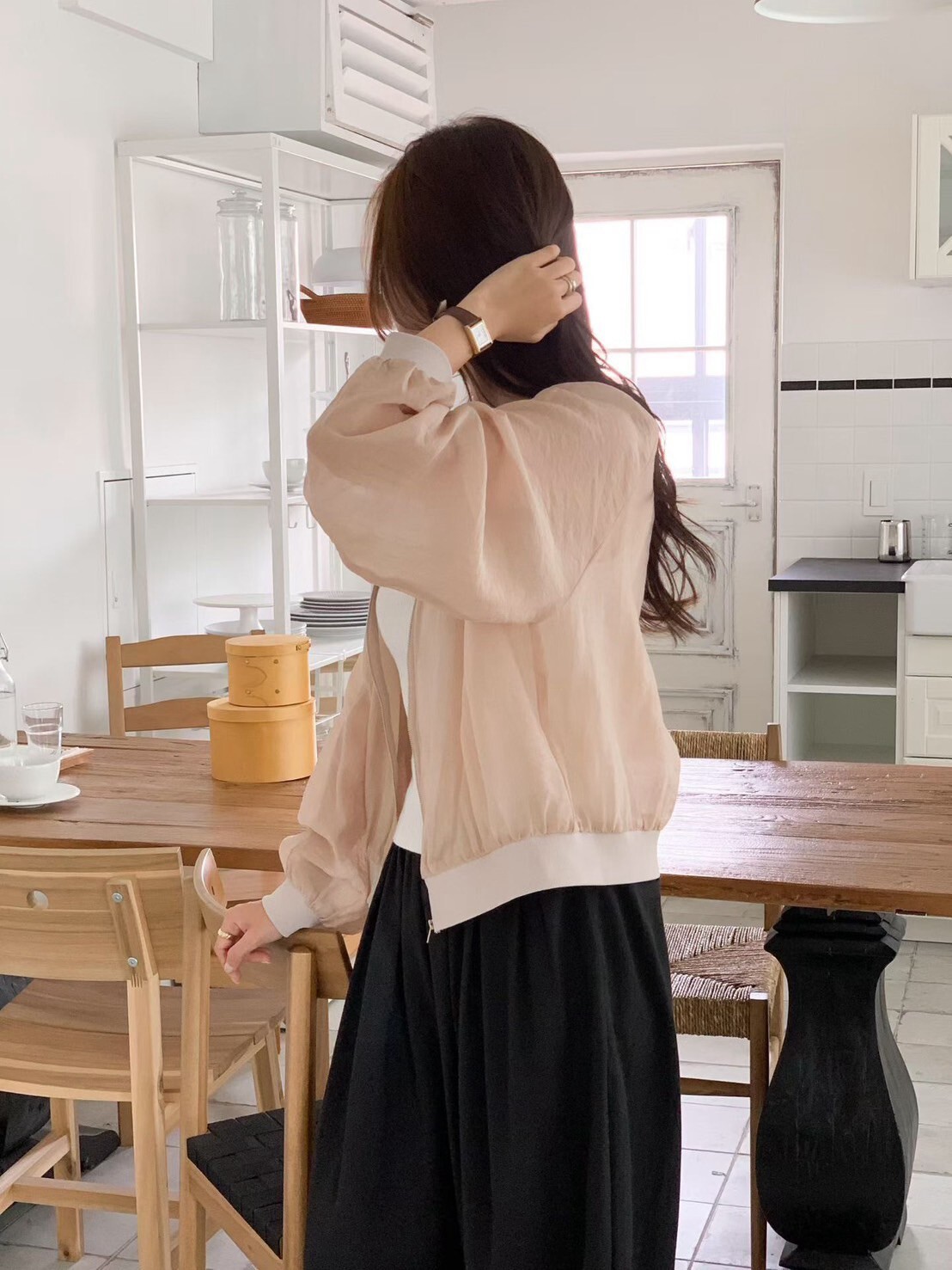 仙女氣息微透光澤感拉鍊飛行外套 / 3色