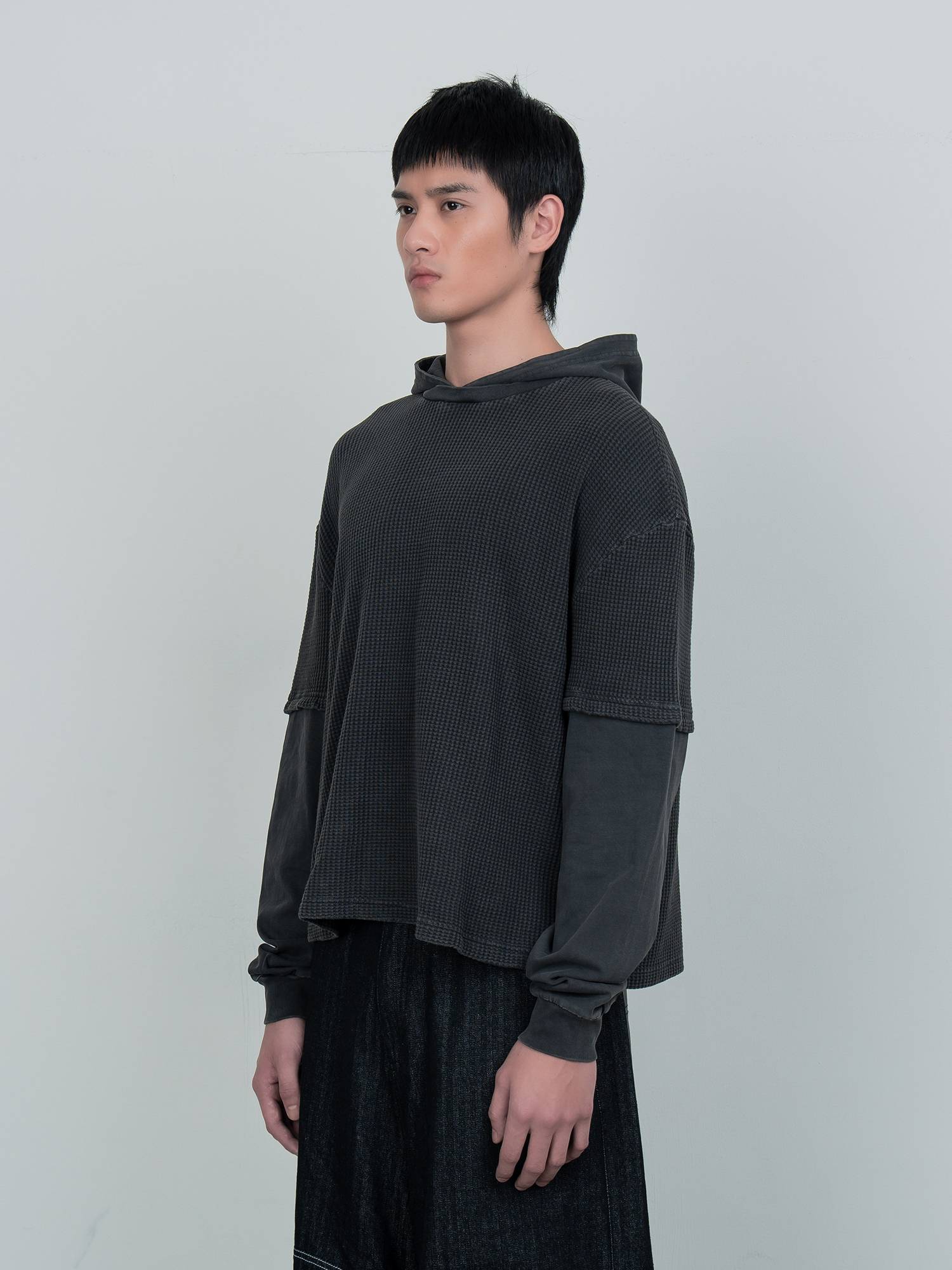 SIMON MADE HL-2603 MIST LAYER 華夫格 輕量 拼接 帽T
