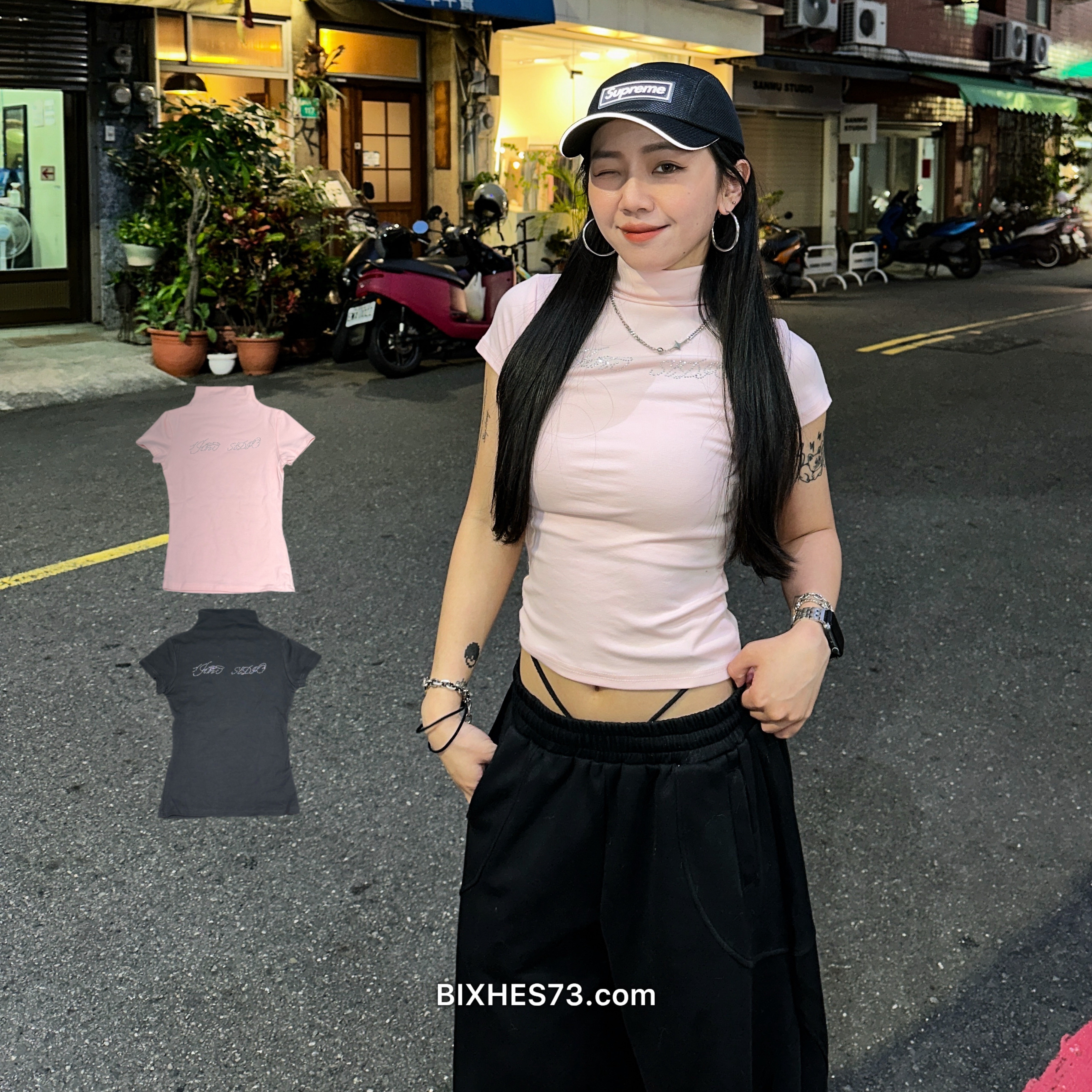 歐美水鑽中領合身短T(A00060)