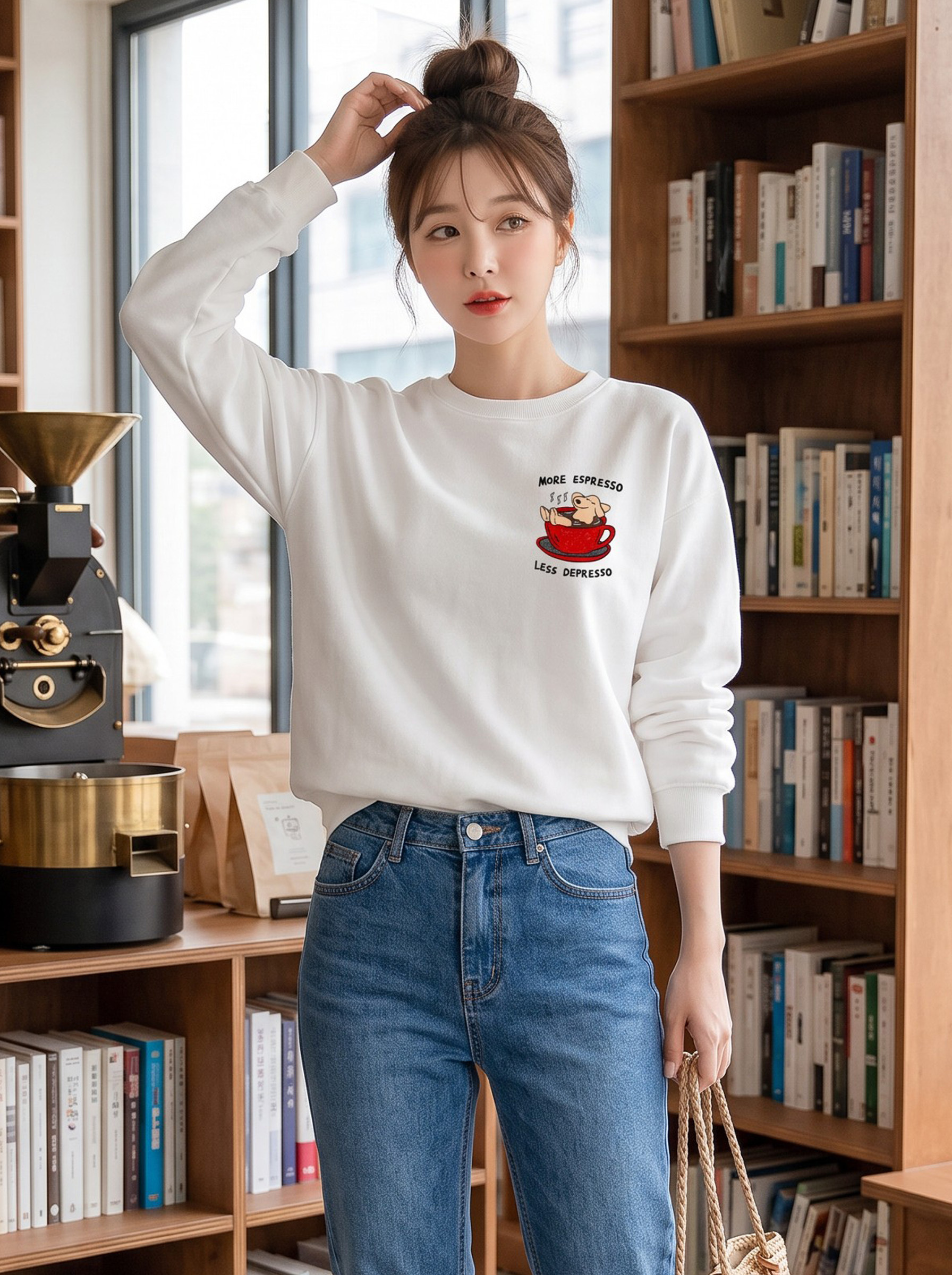 咖啡狗狗趣味插畫大學TEE★經典圓領寬鬆長袖上衣・秋冬文青百搭款