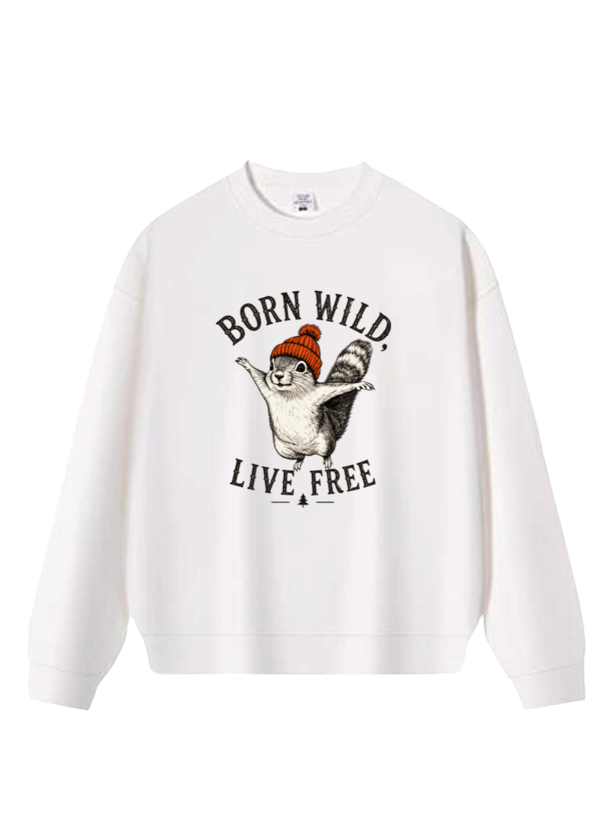 Born Wild 松鼠插畫經典圓領大學TEE★秋冬休閒寬鬆長袖上衣・秋冬文青百搭款