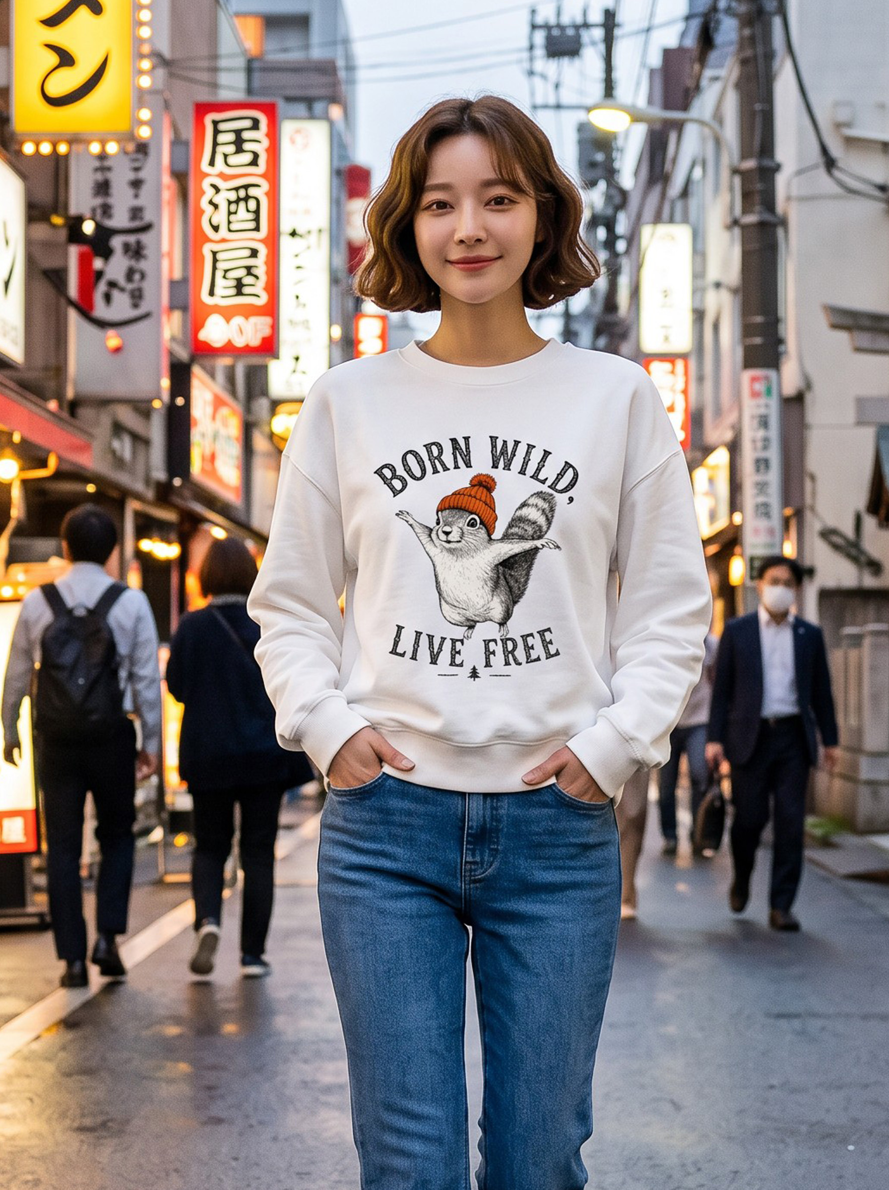 Born Wild 松鼠插畫經典圓領大學TEE★秋冬休閒寬鬆長袖上衣・秋冬文青百搭款