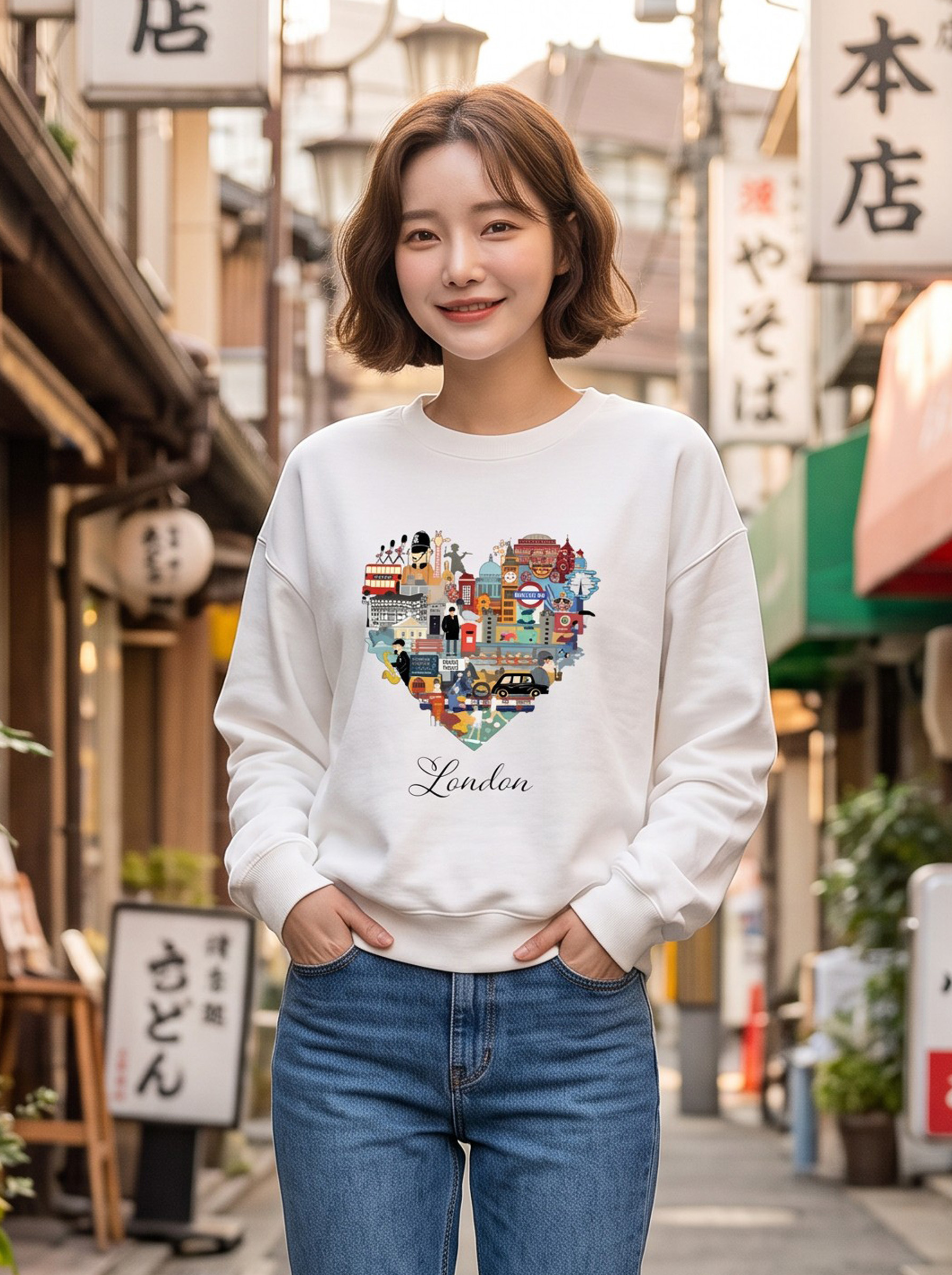 倫敦印象插畫經典圓領大學TEE★秋冬休閒寬鬆長袖上衣・秋冬文青百搭款