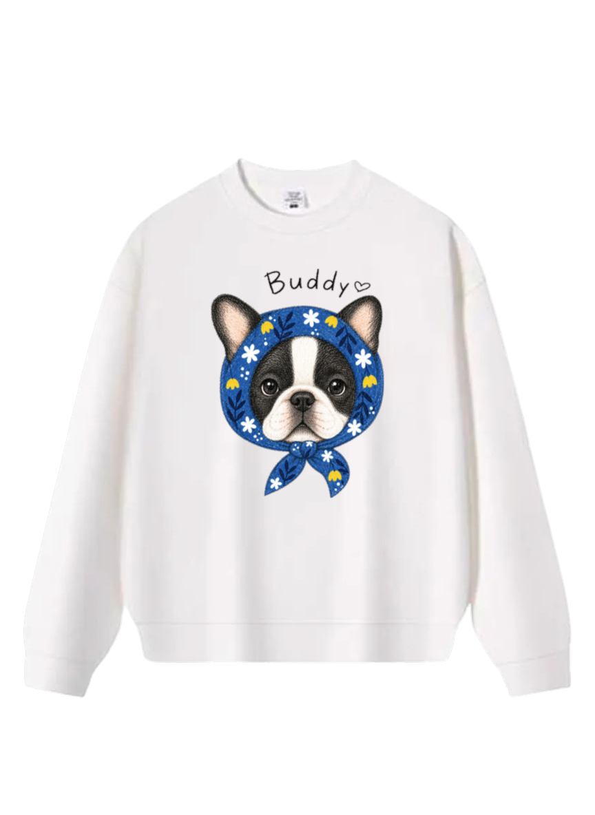 Buddy 法鬥花巾插畫經典圓領大學TEE★秋冬休閒寬鬆長袖上衣・秋冬文青百搭款