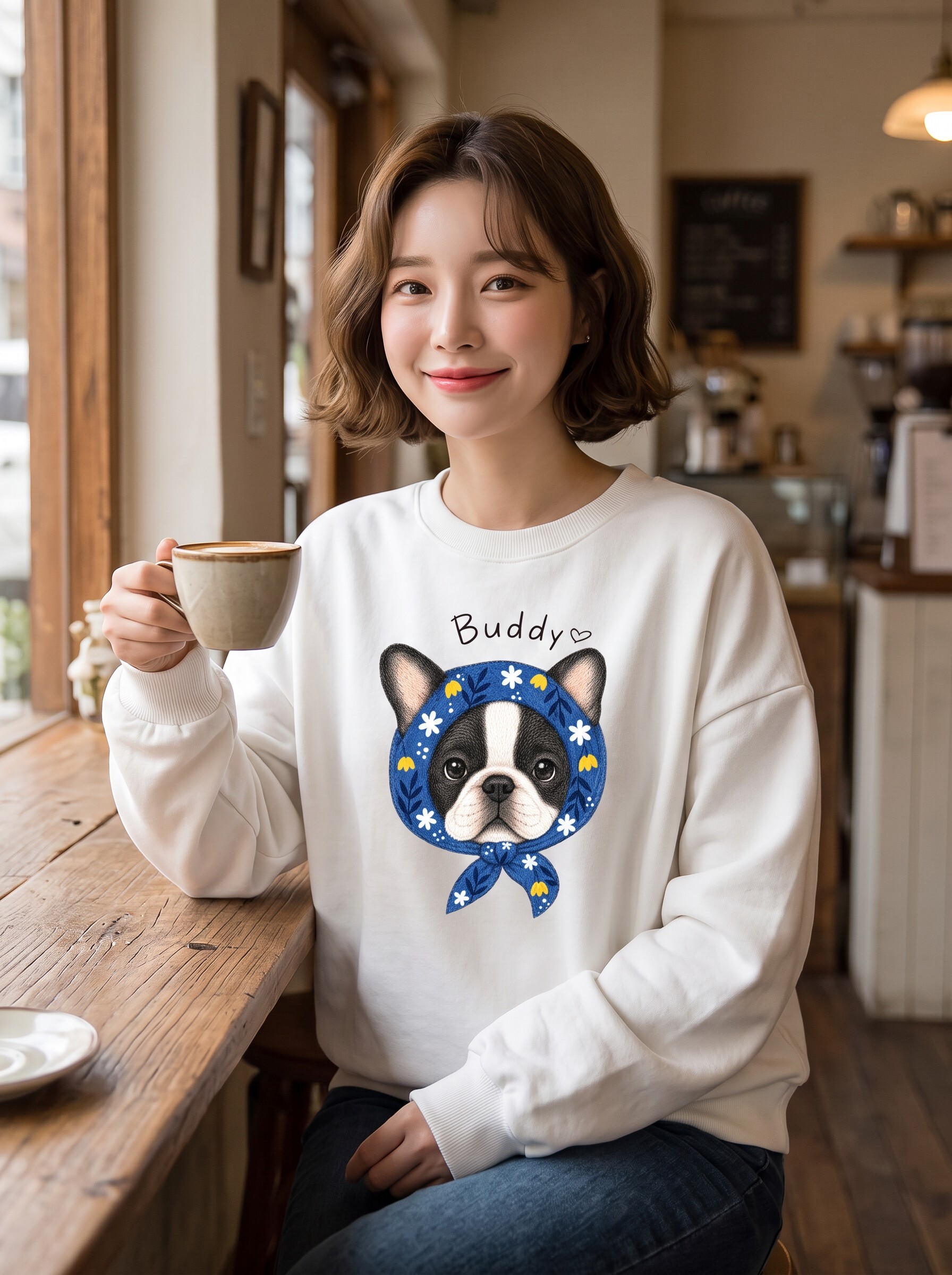 Buddy 法鬥花巾插畫經典圓領大學TEE★秋冬休閒寬鬆長袖上衣・秋冬文青百搭款