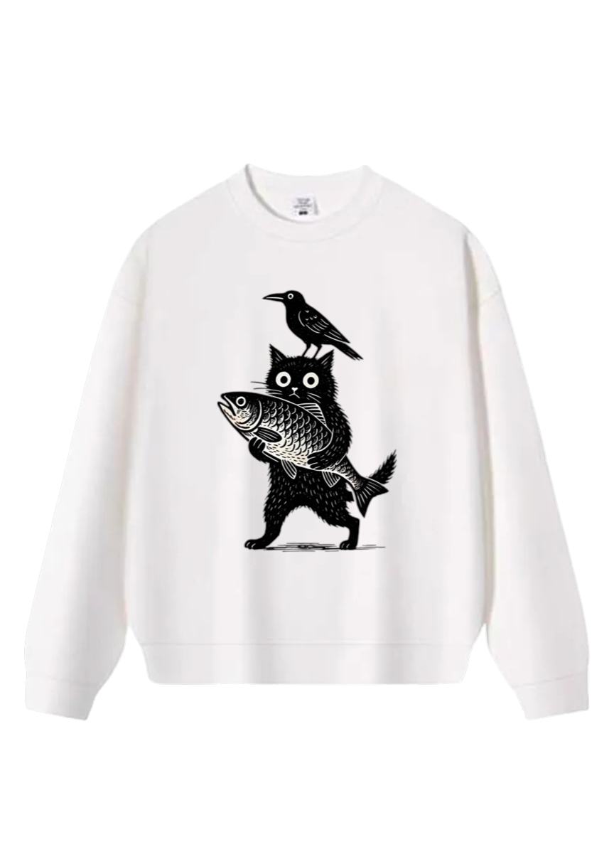 黑貓抱魚趣味插畫經典圓領大學TEE★秋冬休閒寬鬆長袖上衣・秋冬文青百搭款