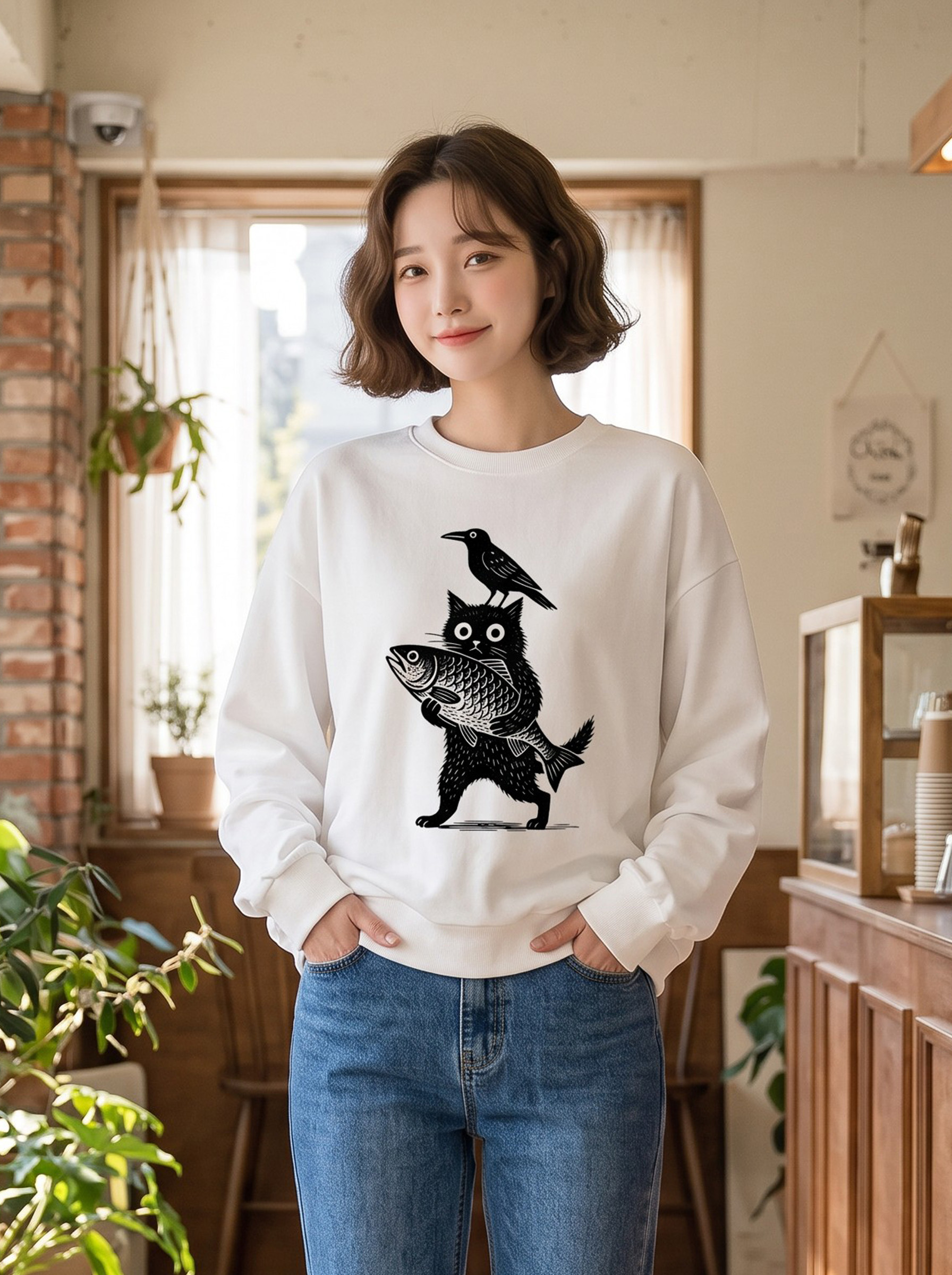 黑貓抱魚趣味插畫經典圓領大學TEE★秋冬休閒寬鬆長袖上衣・秋冬文青百搭款