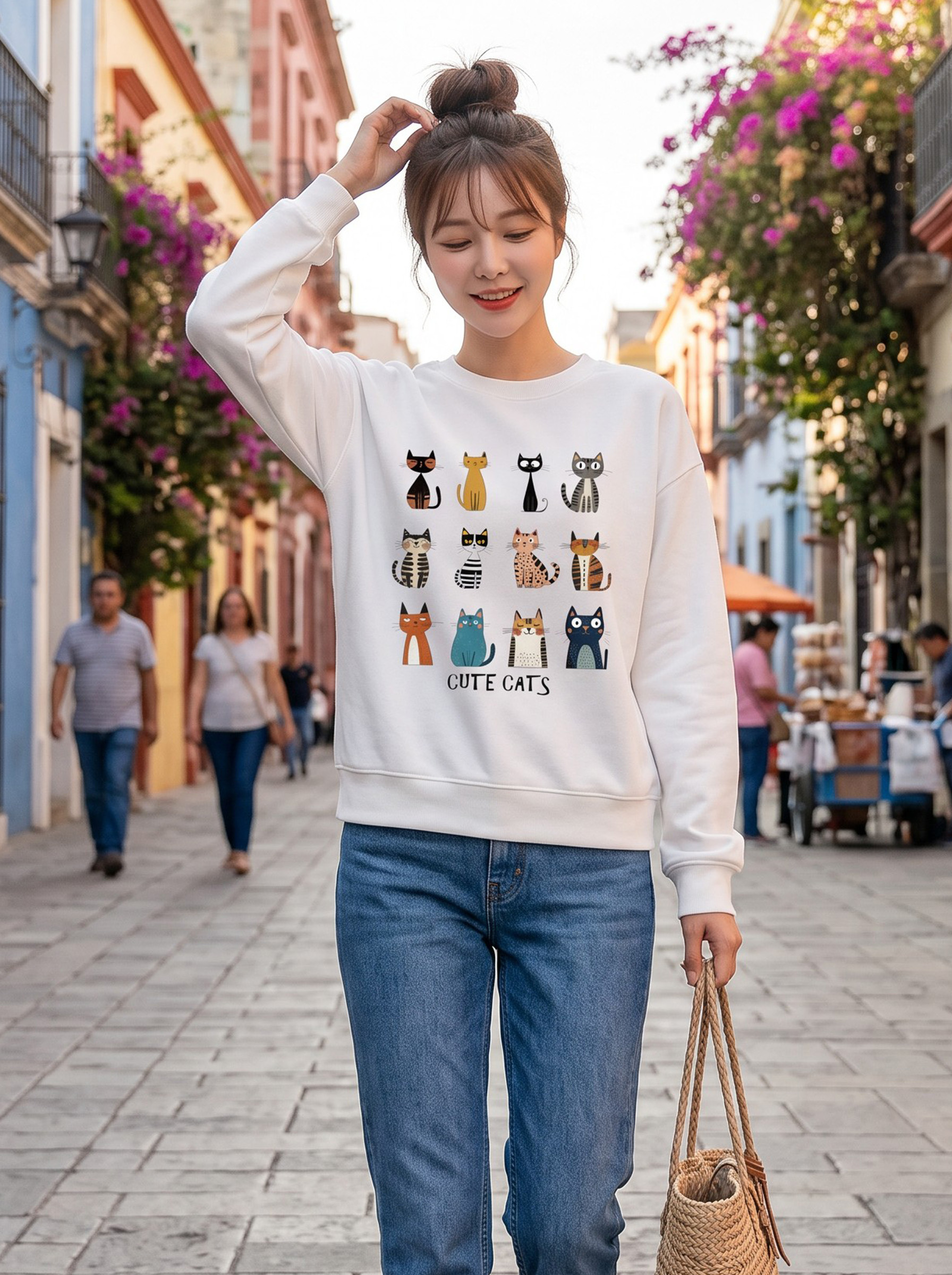 萌寵集合貓咪狗狗插畫經典圓領大學TEE★秋冬休閒寬鬆長袖上衣