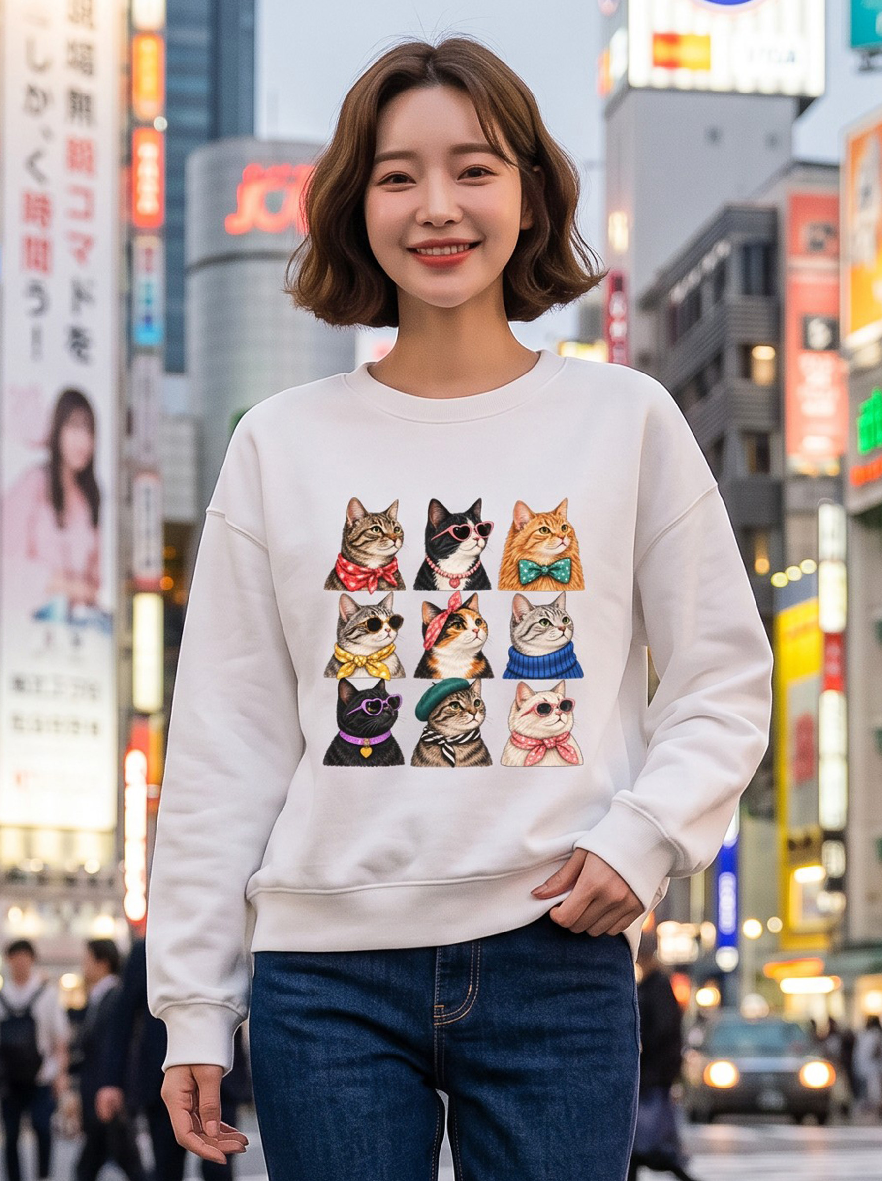 時髦萌寵貓咪和小狗插畫經典圓領大學TEE★秋冬休閒寬鬆長袖上衣