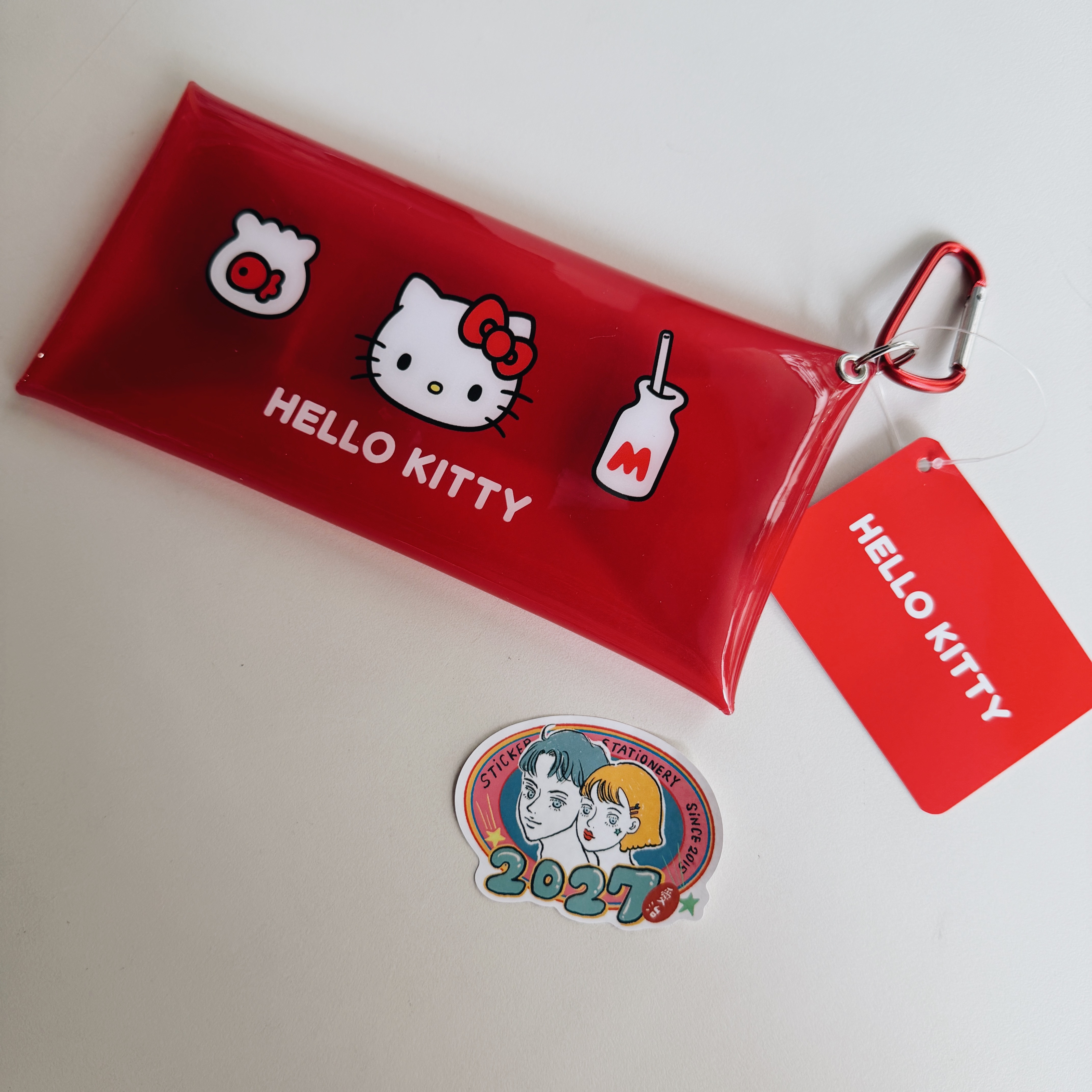 HELLO KITTY 紅色 透明果凍收納包 附扣環