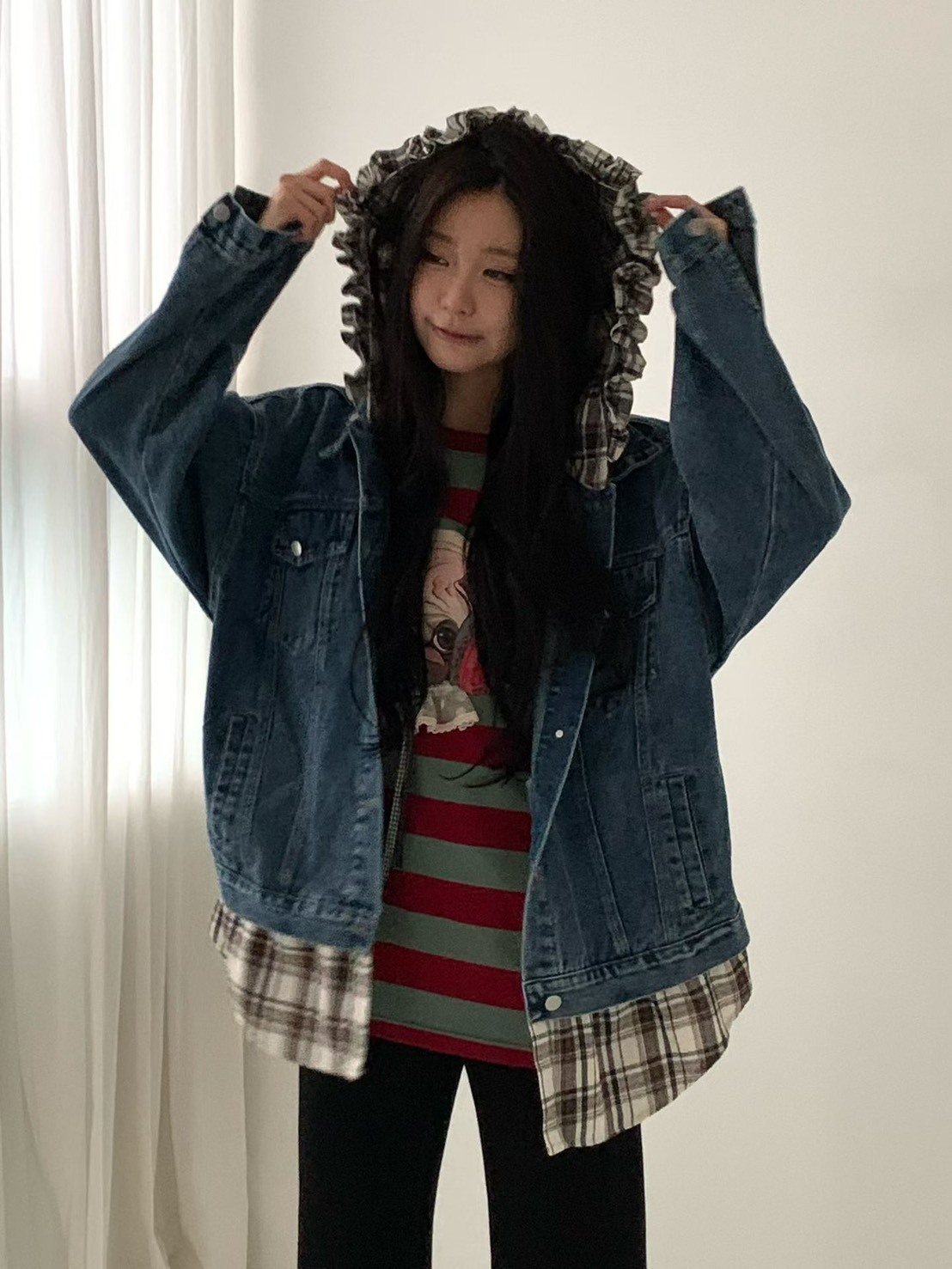格子連帽牛仔開釦夾克