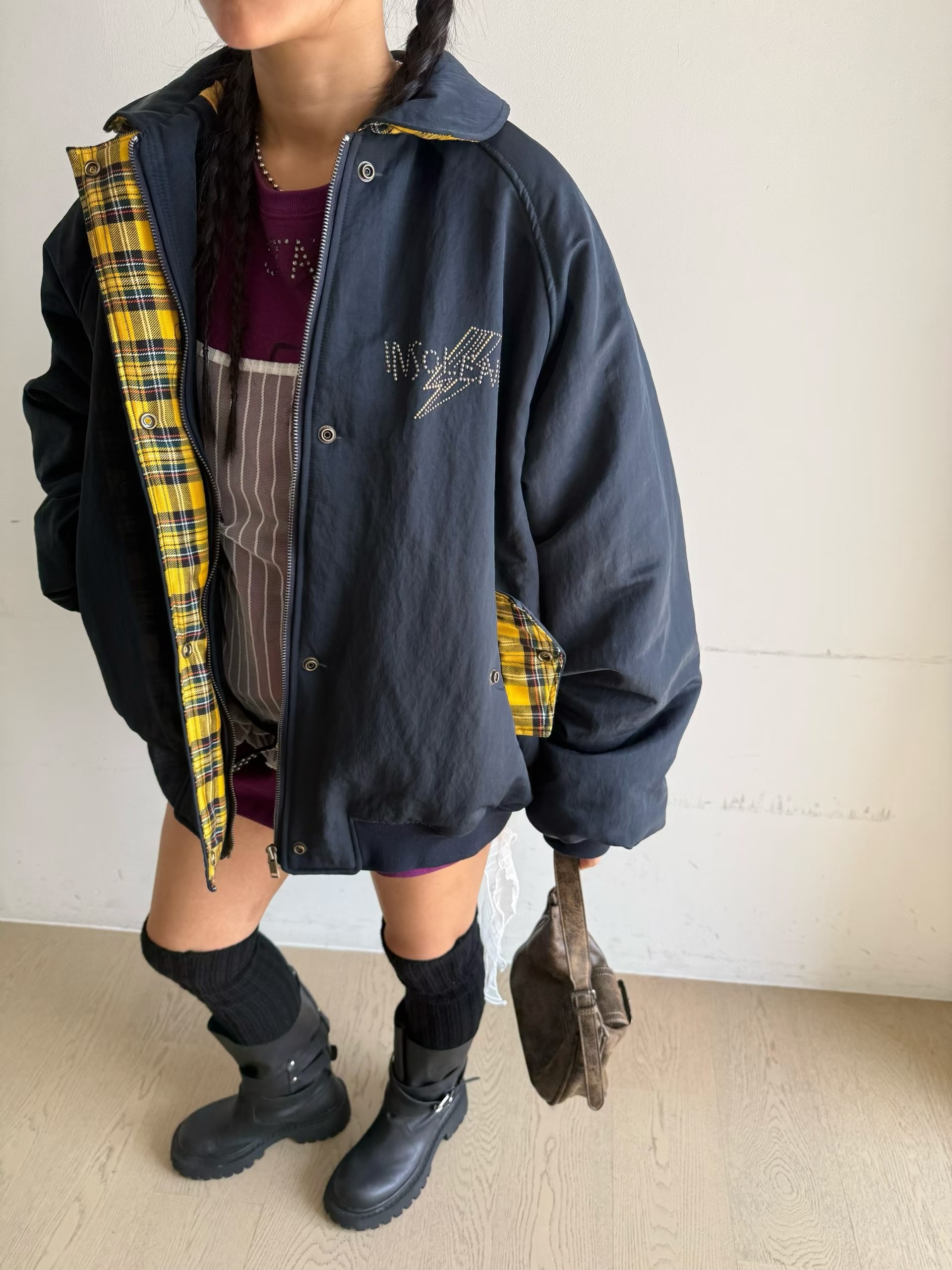 格子內襯飛行夾克