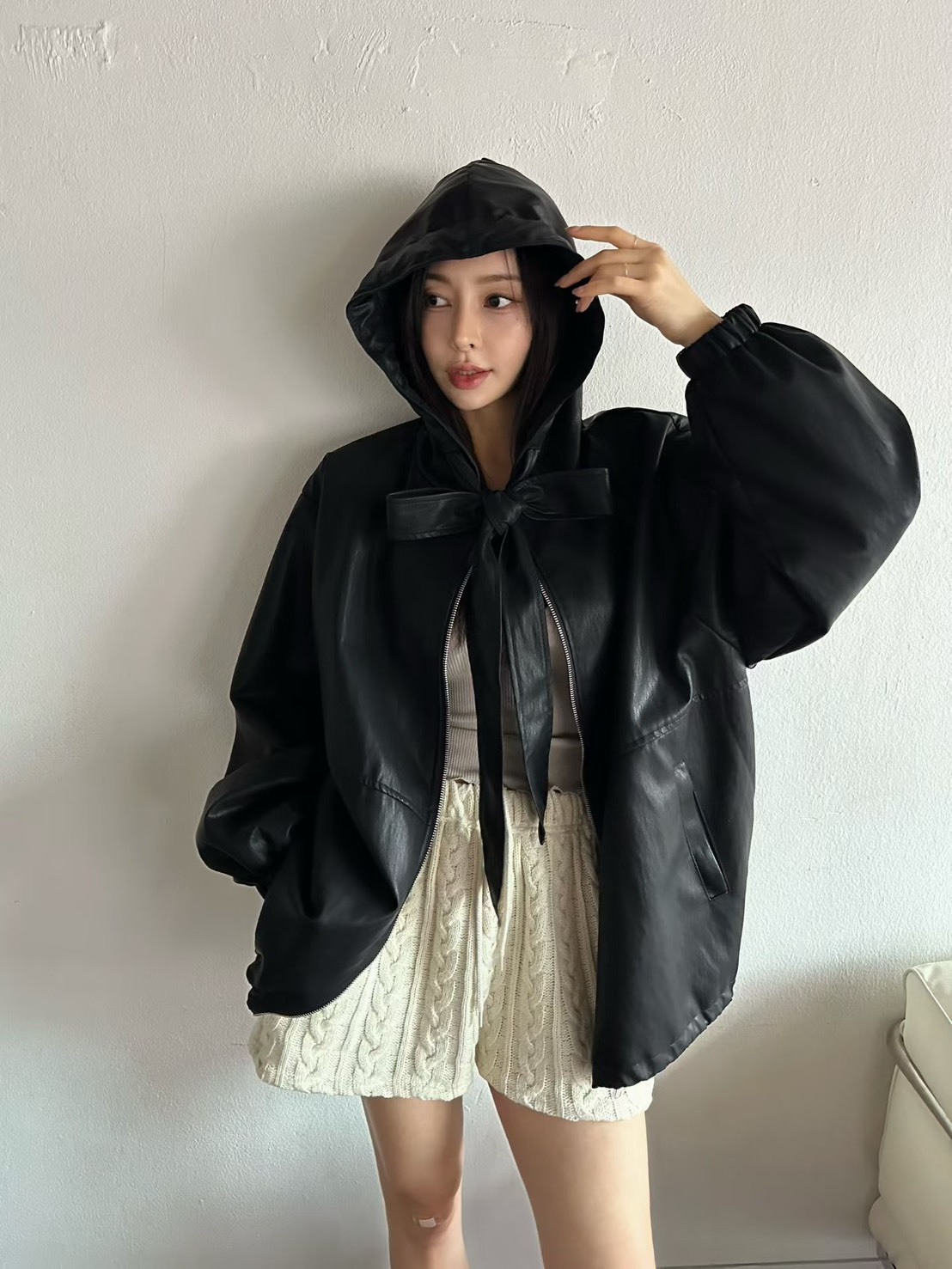 皮面綁結連帽夾克