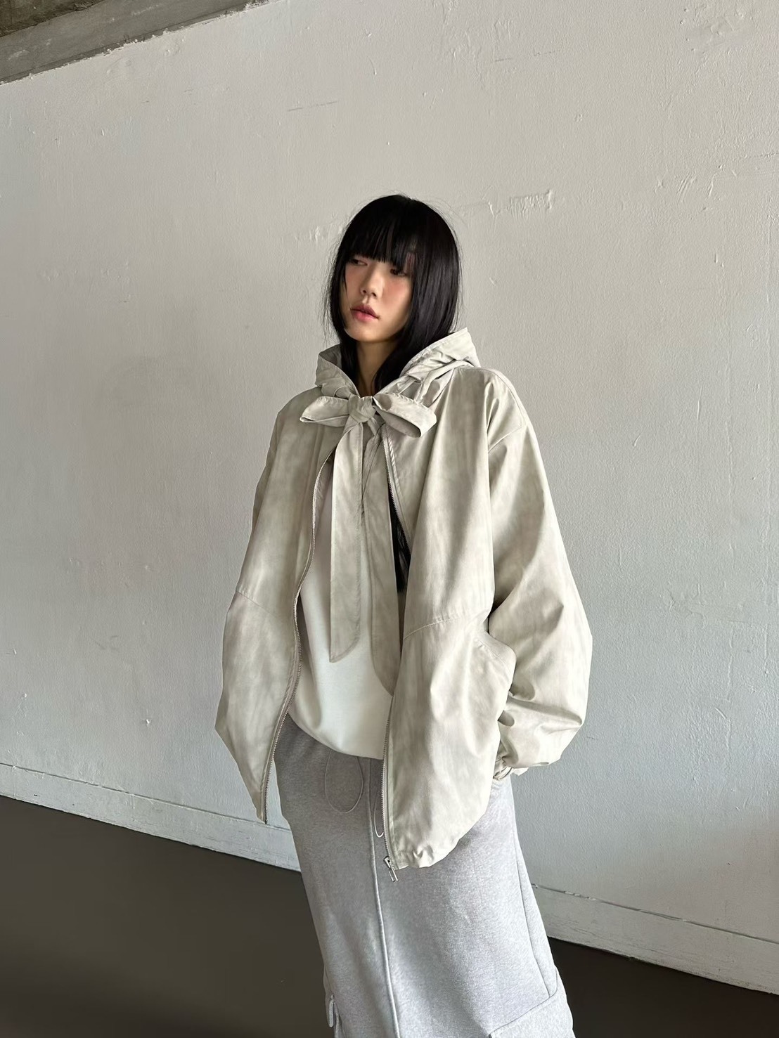 皮面綁結連帽夾克