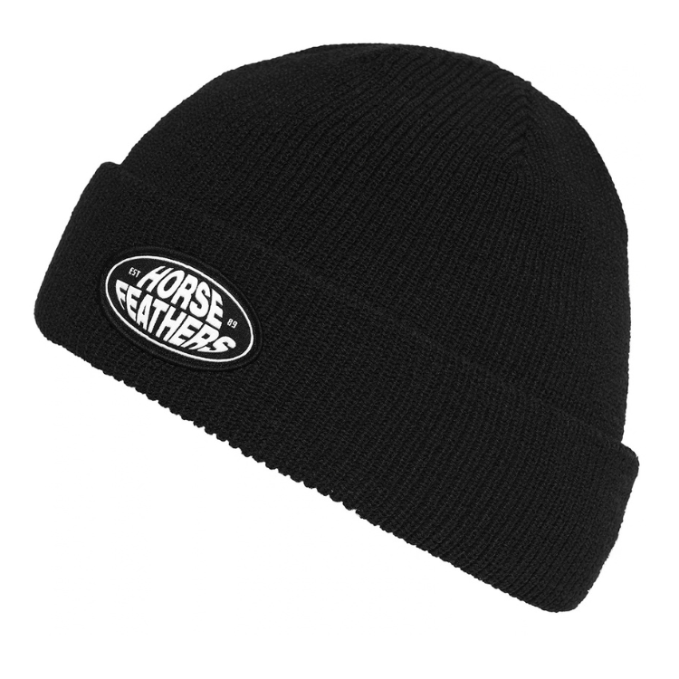 【HORSEFEATHERS】Del Beanie Black黑色滑雪保暖毛帽正面視圖，展示羅紋針織翻邊剪裁與正面橢圓形品牌Logo布標細節