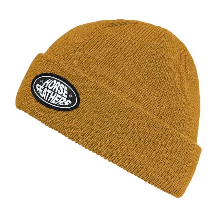 【HORSEFEATHERS】Del Beanie Black黑色滑雪保暖毛帽正面視圖,展示羅紋針織翻邊剪裁與正面橢圓形品牌Logo布標細節