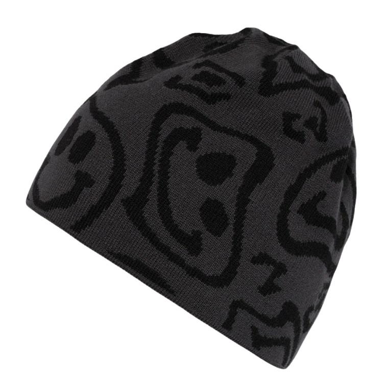 【HORSEFEATHERS】Creg Beanie Smiley黑色滑雪保暖毛帽側面視圖，展示全帽身滿版深灰色抽象笑臉圖騰針織提花與素面羅紋收邊剪裁