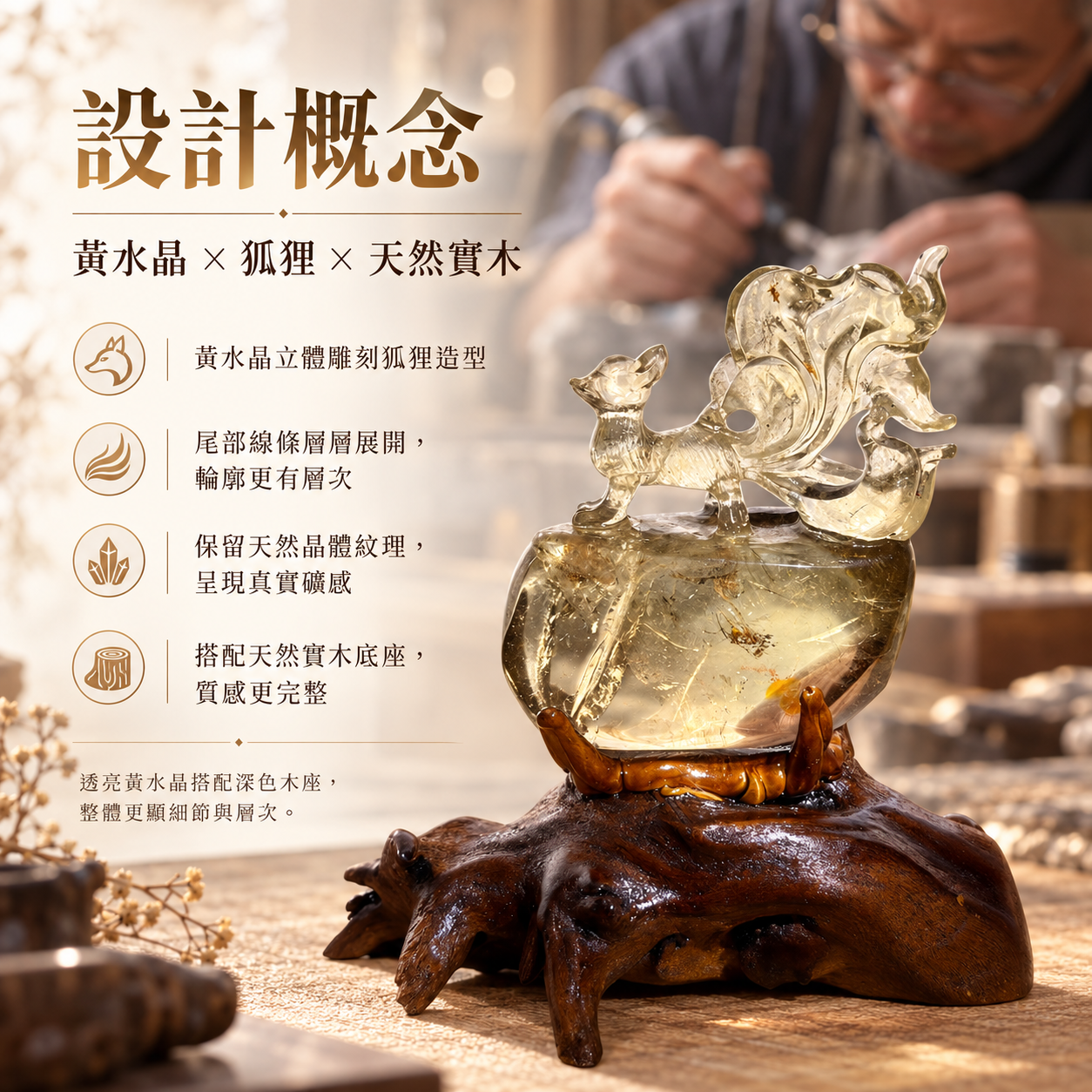 黃水晶狐狸擺件 天然黃水晶雕刻狐狸 金曜九尾 GOLDEN FOX 實木底座