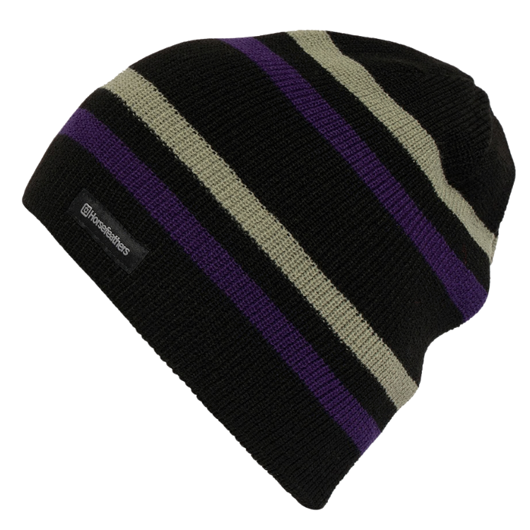 【HORSEFEATHERS】Phil Beanie Black黑色滑雪保暖毛帽側面視圖，展示黑底搭配紫色與灰白色條紋針織圖案及側邊品牌織標