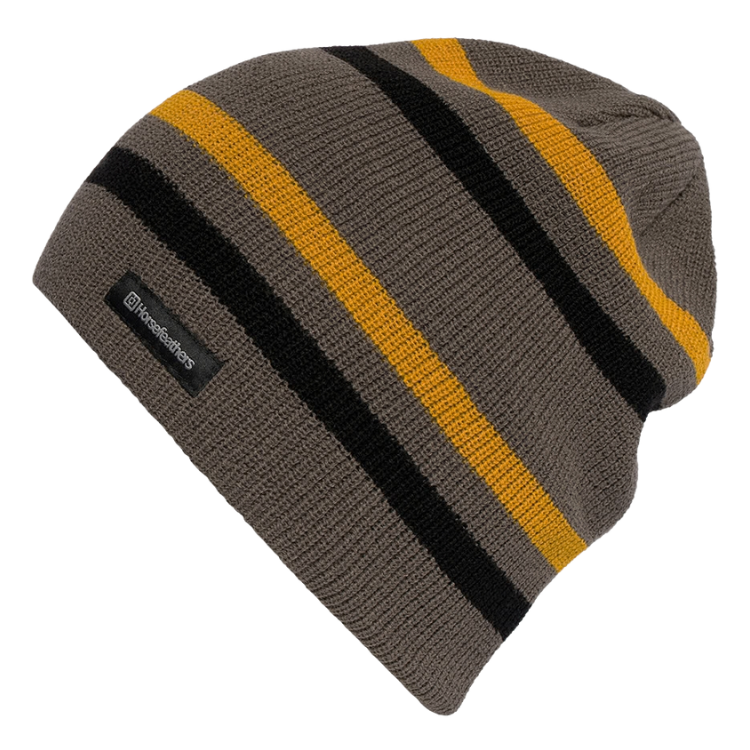 【HORSEFEATHERS】Phil Beanie Tarmac灰色滑雪保暖毛帽側面視圖，展示灰底搭配黑色與芥黃色條紋針織圖案及側邊品牌織標