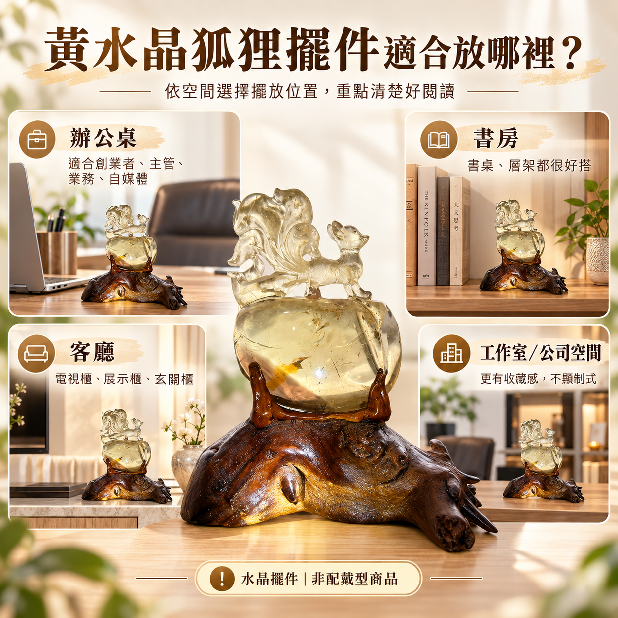 黃水晶狐狸擺件 黃水晶擺件擺放位置 辦公桌 書房 客廳 工作室 公司空間 水晶狐狸擺件