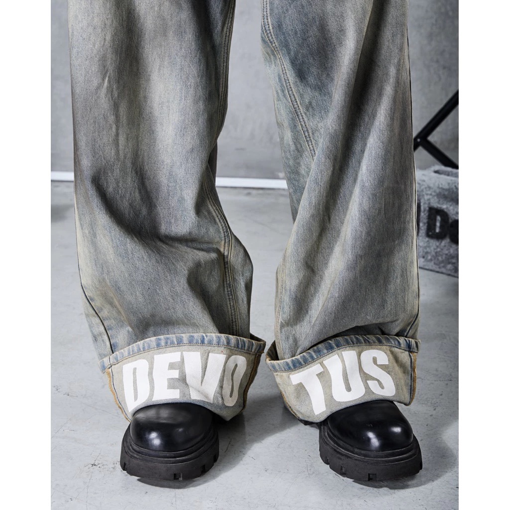 越南 Devotus Denim On Denim 水洗 翻折 字母 褲腳 印花 寬褲 彎刀褲 水洗藍