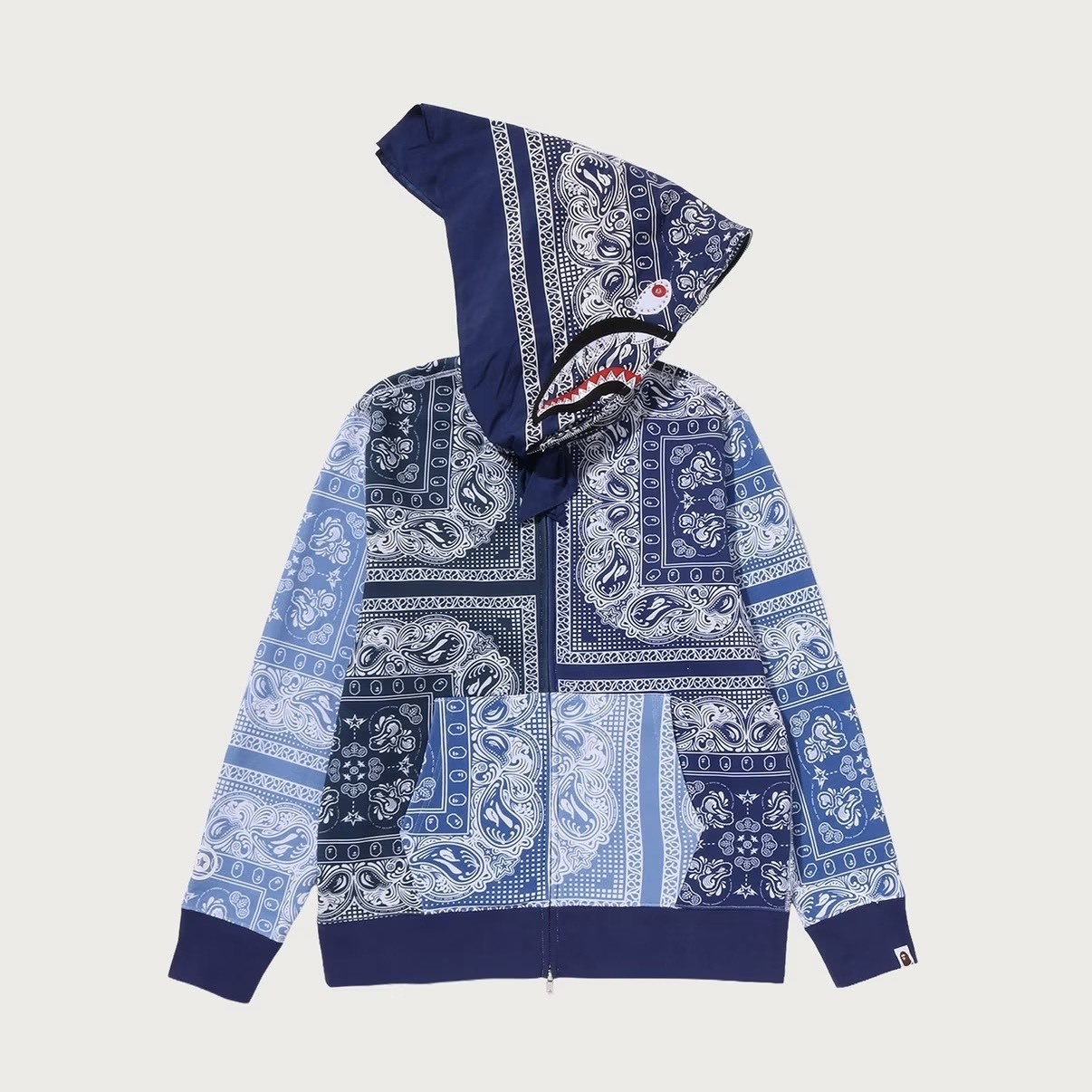 A BATHING APE BAPE PAISLEY PATTERN SHARK FULL ZIP HOODIE 變形蟲 假頭巾 鯊魚外套 藍色/深藍-1M80115323