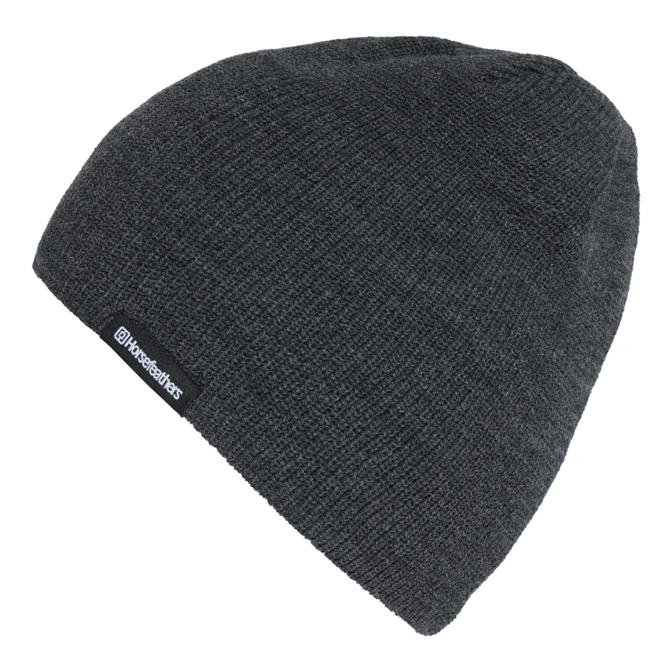 【HORSEFEATHERS】Yard Beanie Heather Gray麻花灰色滑雪保暖毛帽側面視圖,展示羅紋針織素面剪裁與側邊品牌織標細節