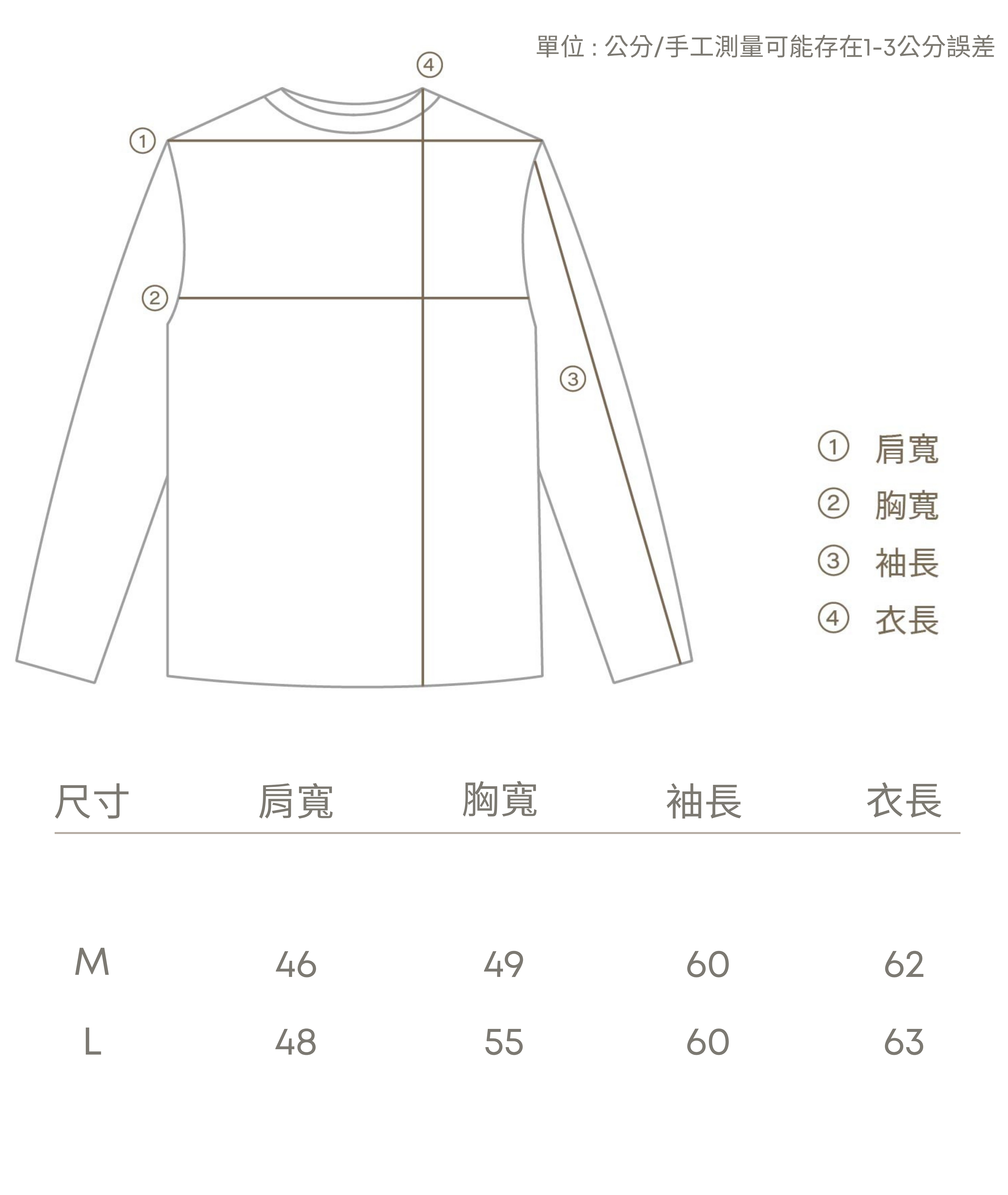 M :肩寬 46 / 胸寬 49 / 袖長 60/ 衣長 62 L:肩寬 48 / 胸寬 55 / 袖長 60/ 衣長 63