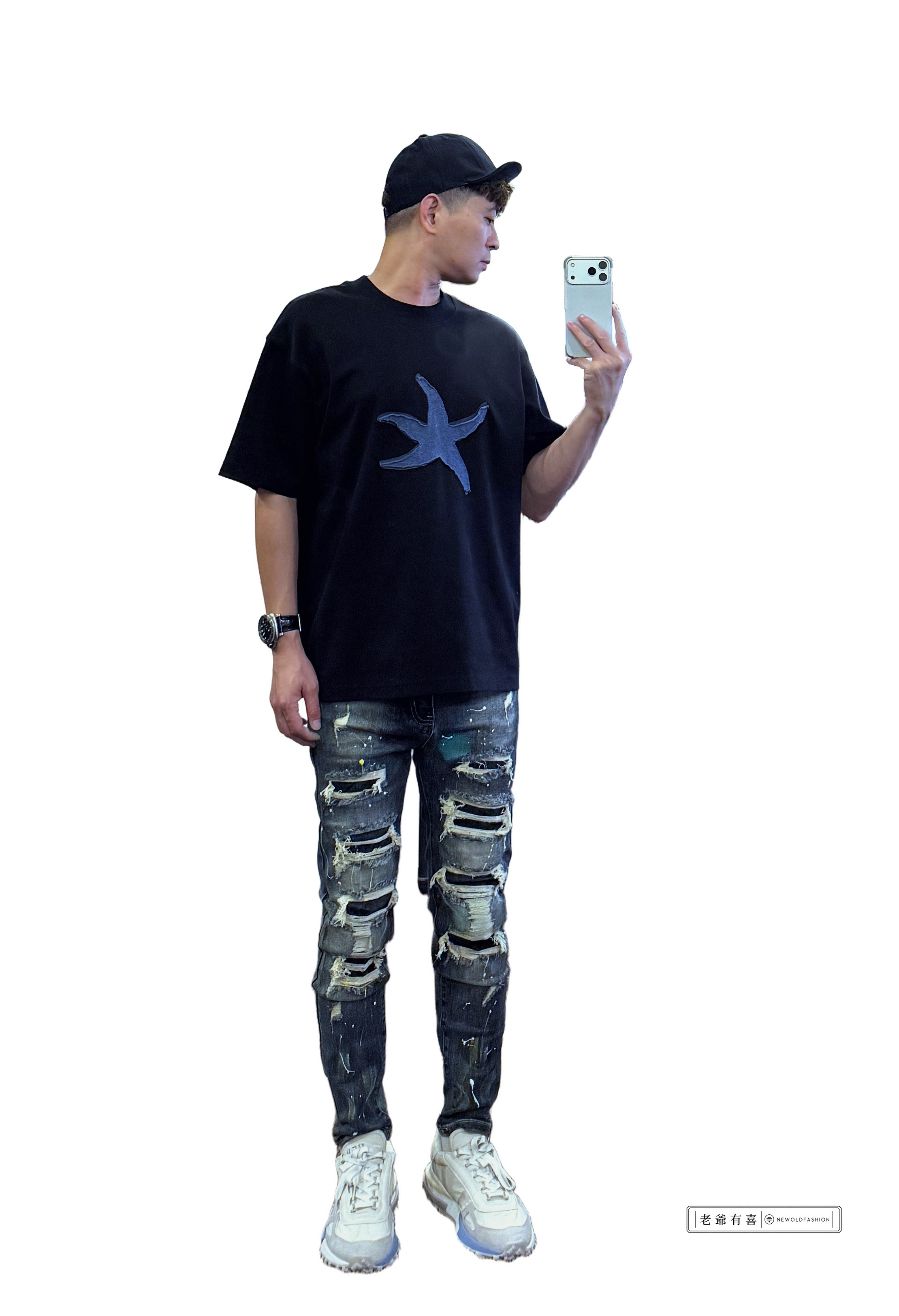 重磅深藍漆裂大破壞小直筒牛仔褲 正面全身穿搭