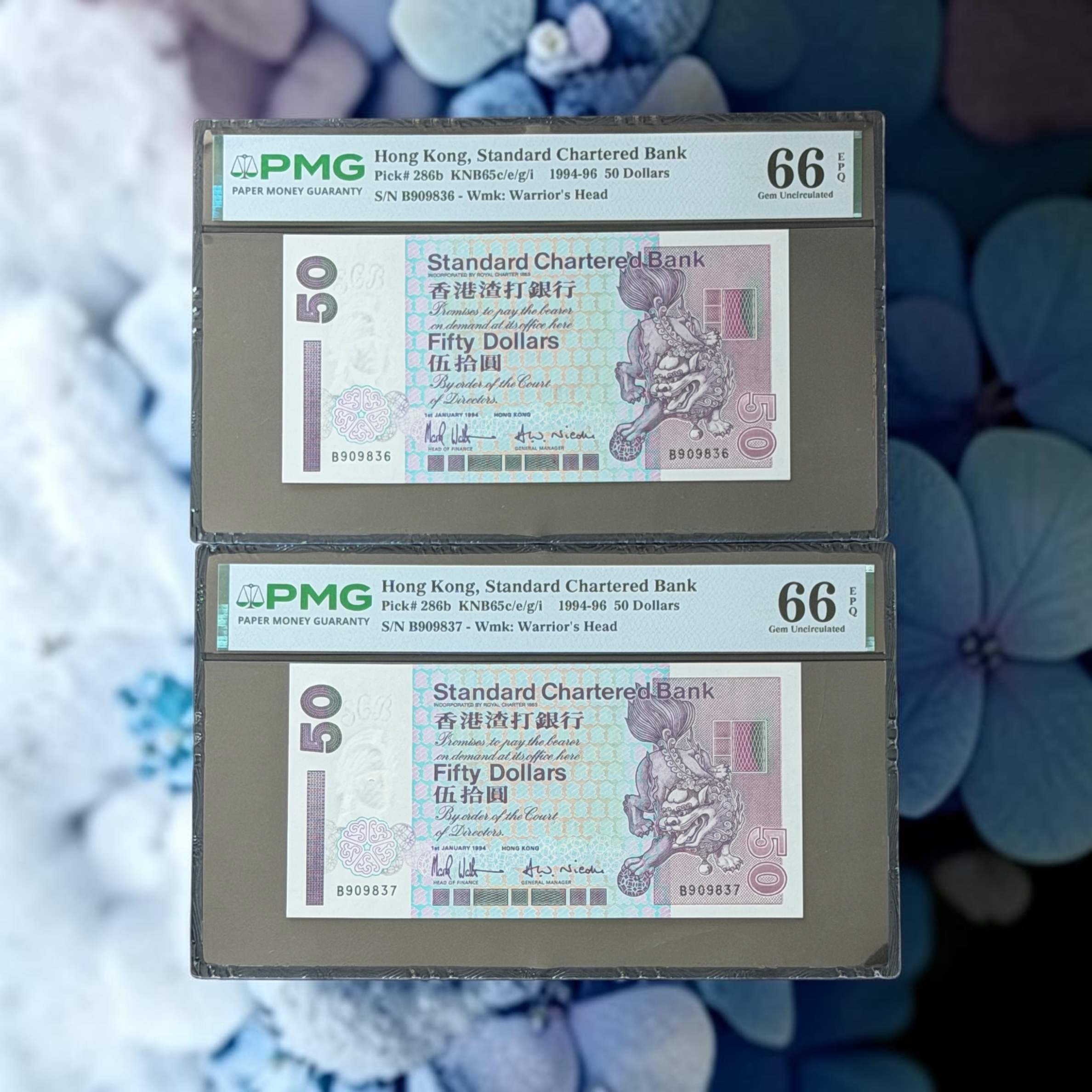 1994年渣打50元連號碼2張 (PMG 66分) B909836-37