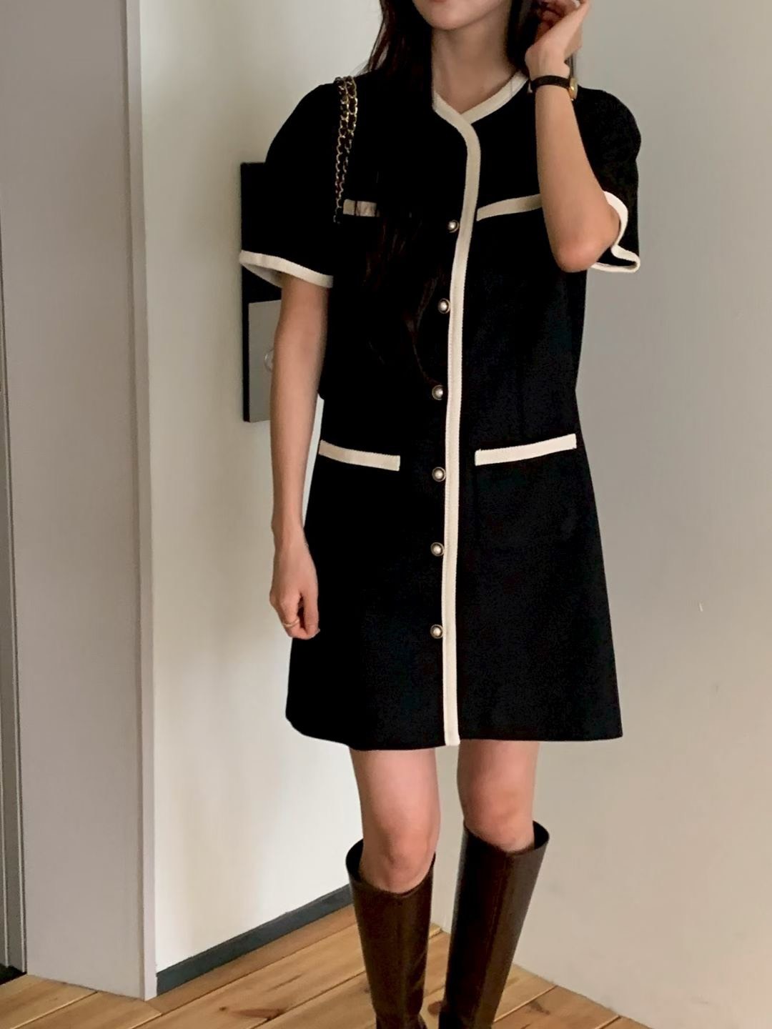 滾邊短袖小香洋裝