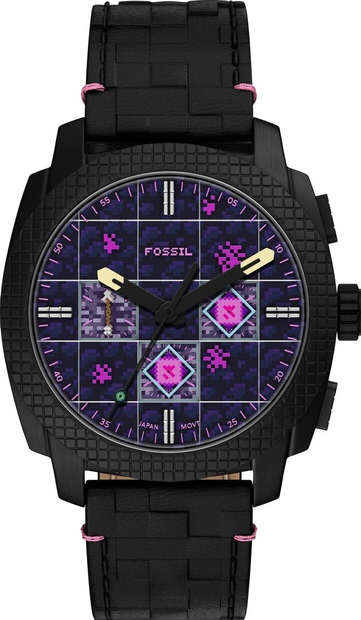 萬年鐘錶 - Fossil  美國品牌手錶 Minecraft 麥塊   The End 終界龍限量聯名三眼計時牛皮錶帶男錶 LE1252 錶徑 : 44MM