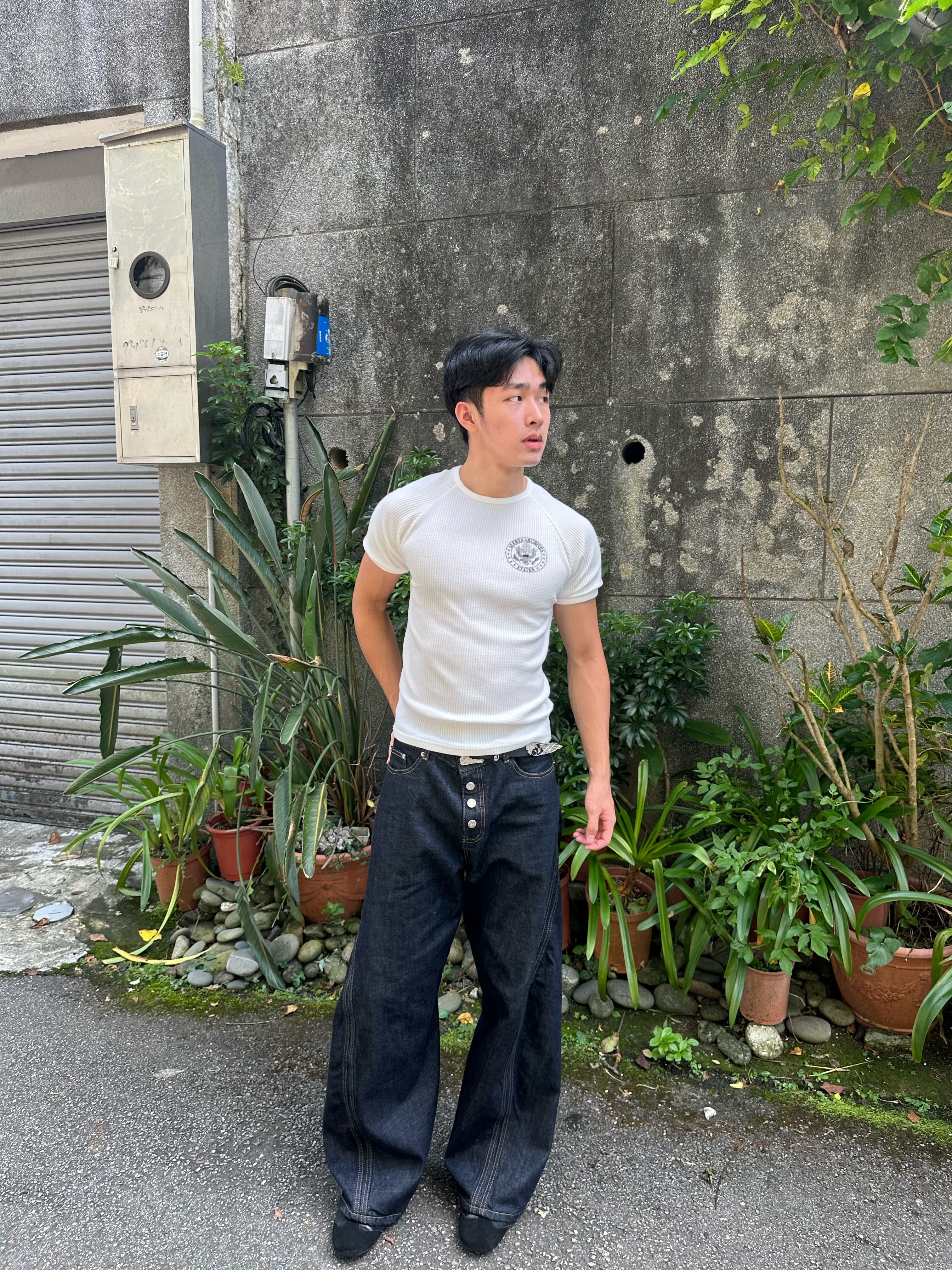 華夫格 插肩袖 老鷹 修身短T