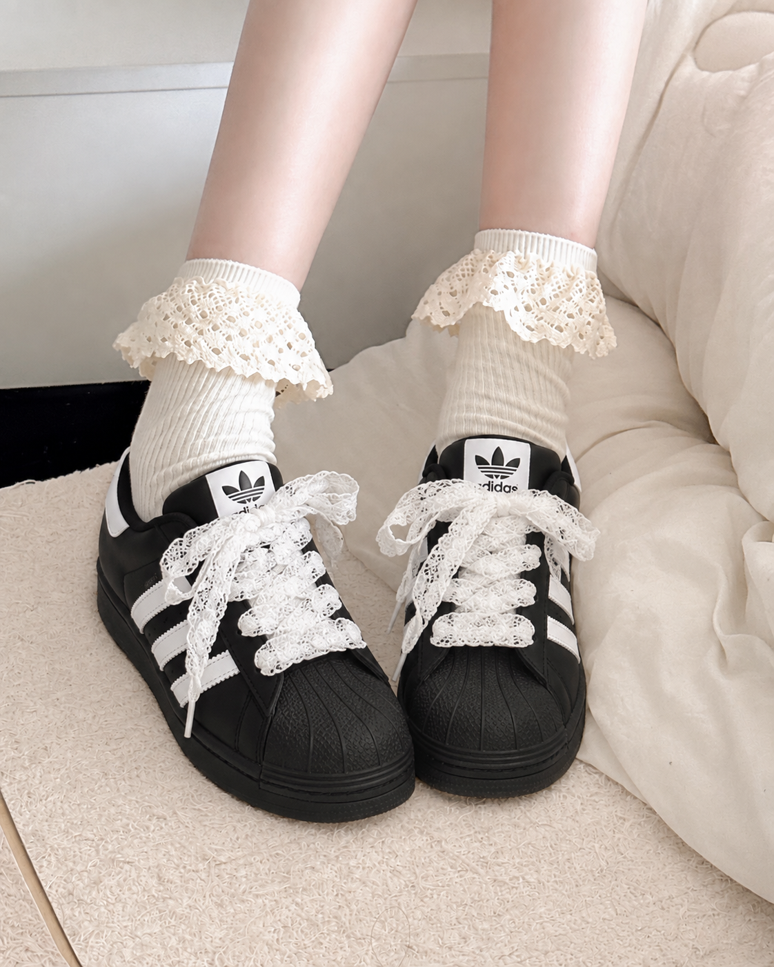 【訂製鞋款】Adidas originals SUPERSTAR 慵懶 蕾絲 貝殼鞋 黑白 休閒鞋 EG4959(Team52-輕銀芭蕾S-BOX)