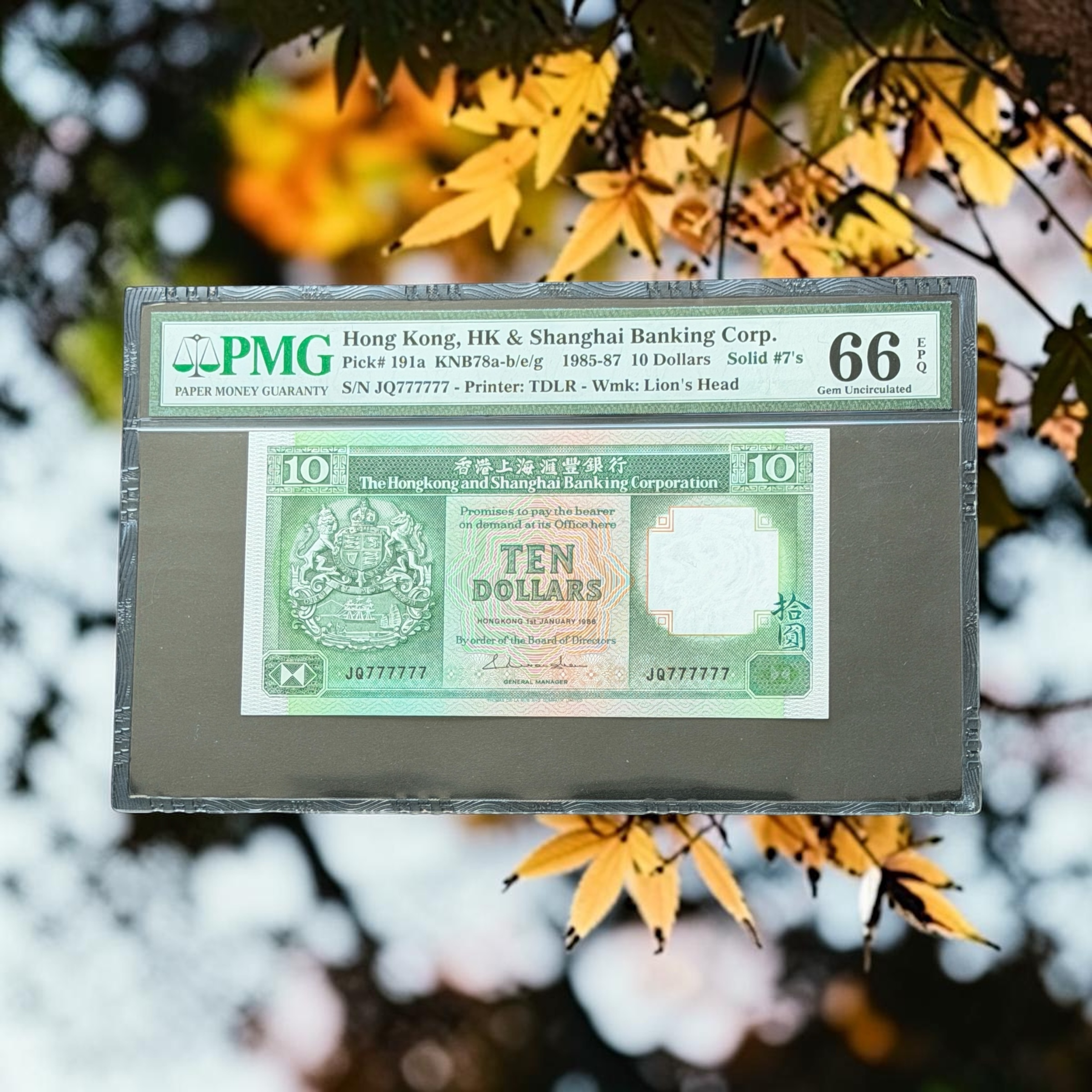 1986年匯豐銀行10元 (PMG 66分) 全同號 JQ 777777