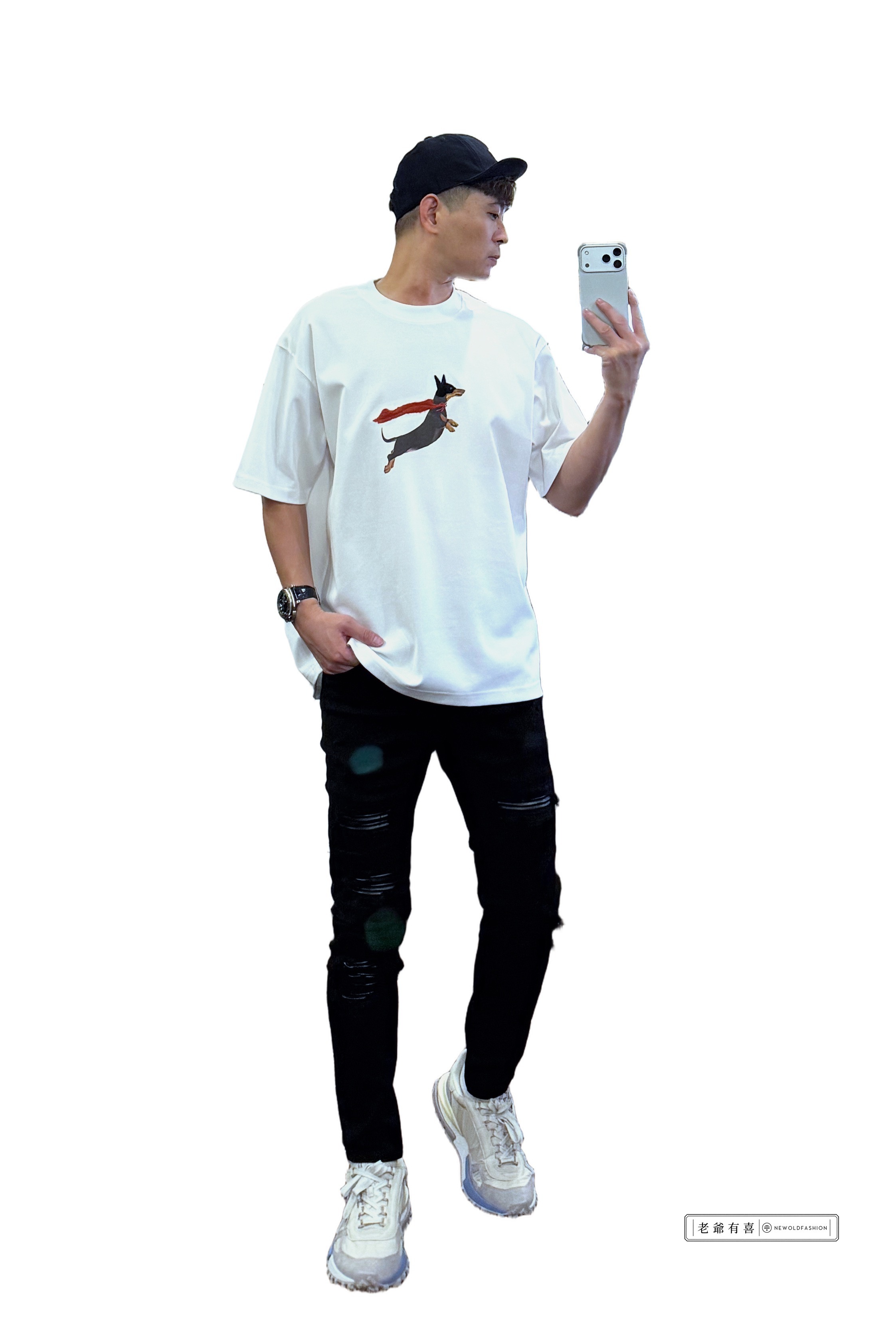 重磅闇黑皮革戰損小直筒牛仔褲 正面全身穿搭