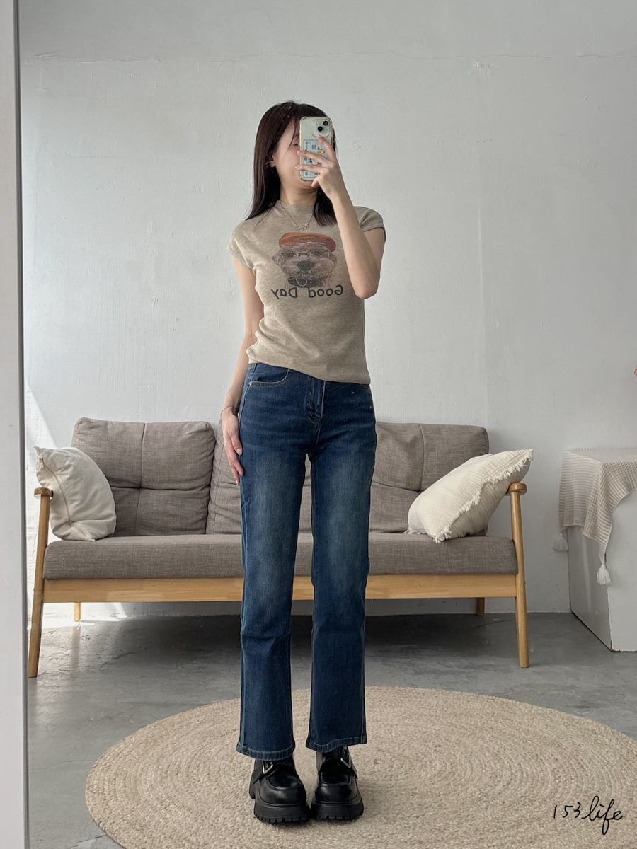 小個子彈性舒適深藍刷色直管褲(S-XL)
