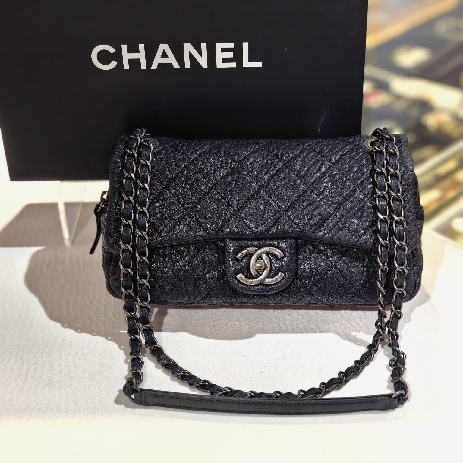 98%NEW二手CHANEL單肩袋/斜揹袋兩用, EASY FLAP BAG, 25 黑色/復古銀扣, 皺褶小牛皮 ,#香榭站正品