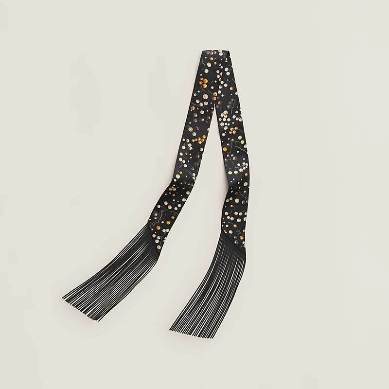 HERMES Red Berries leather fringes Twilly Noir/Beige Dore/Orange