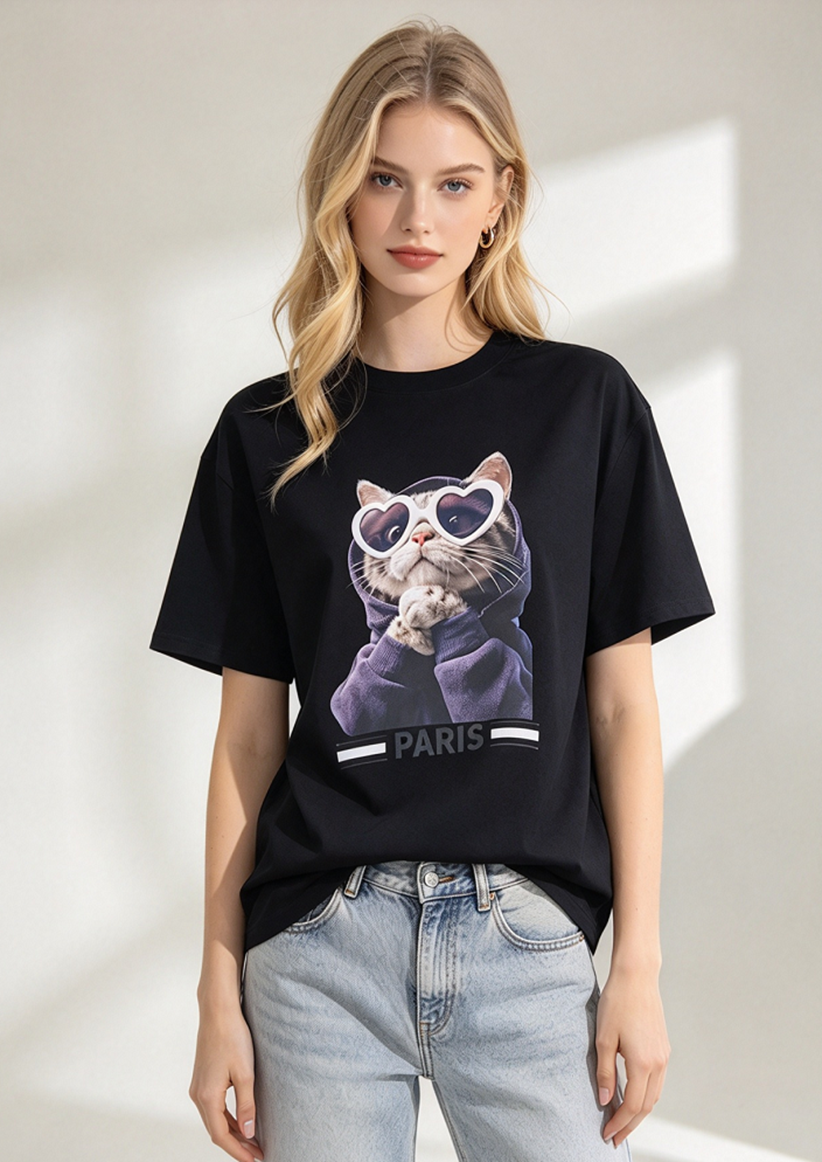 FA046 Lune de Moon Heart Sunglasses Cat Graphic Tee 愛心墨鏡紫色衛衣貓咪印花