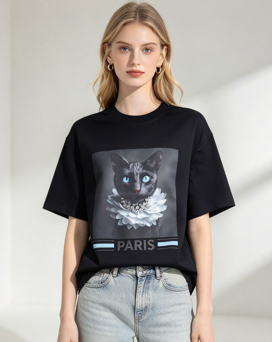 FA042 Lune de Moon Noir Feline Tee 藍眼黑貓白色花領印花