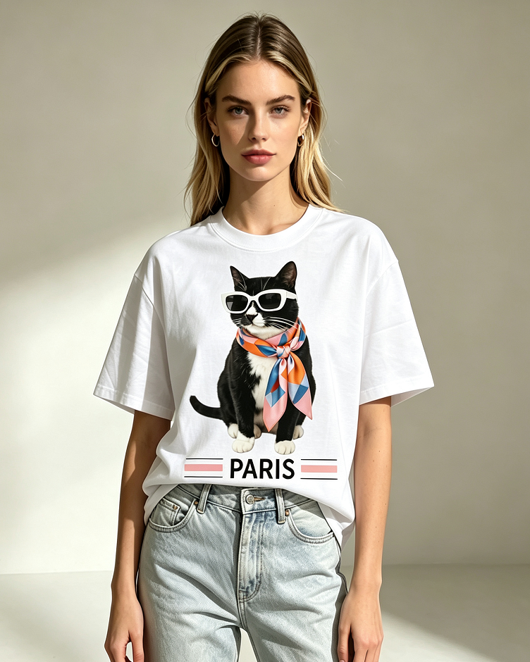 FA036 Lune de Moon Chic Tuxedo Cat Tee 獨家款 幾何絲巾喵星人
